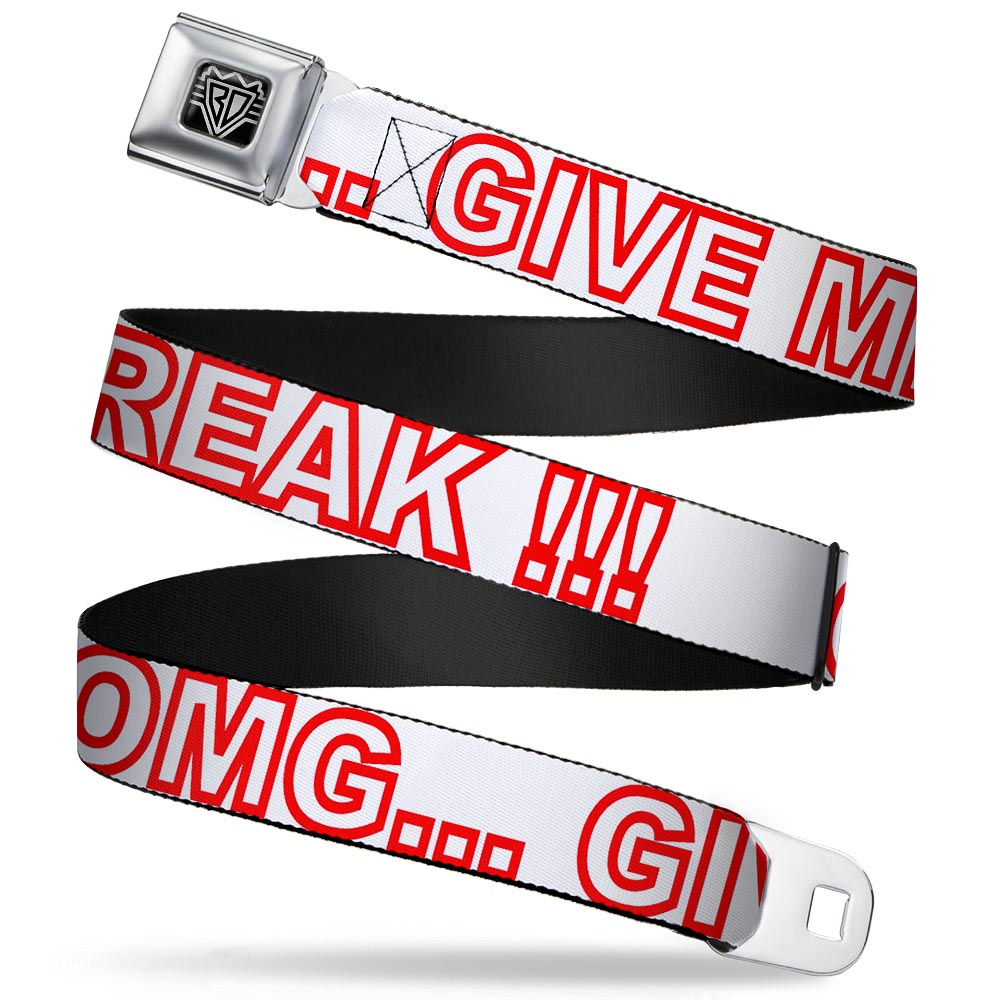 BD Wings Logo CLOSE-UP Full Color Black Silver Seatbelt Belt - OMGâ€¦GIVE ME A BREAK!!! White/Red Webbing Seatbelt Belts Buckle-Down