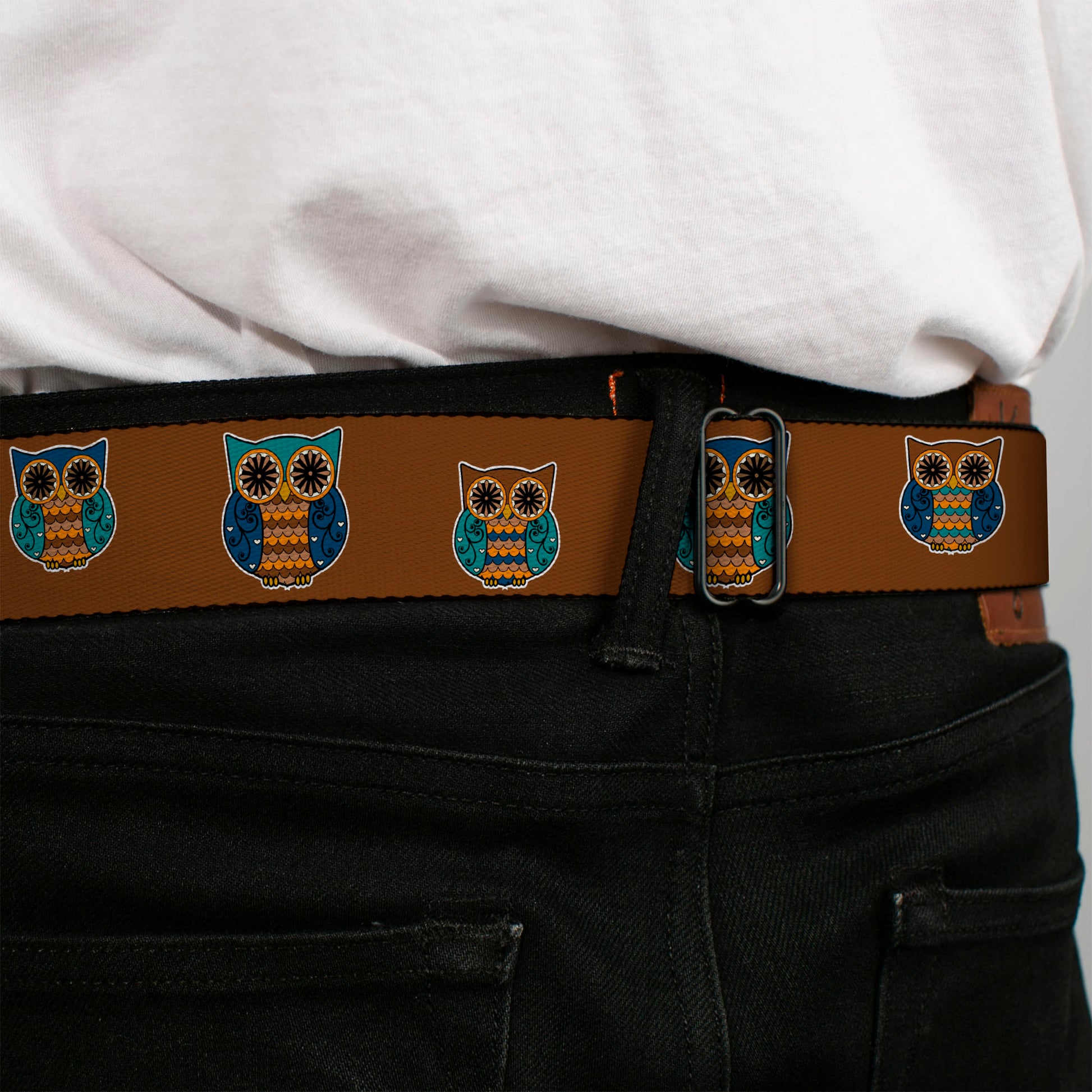 BD Wings Logo CLOSE-UP Full Color Black Silver Seatbelt Belt - Owls Brown/Pastel Webbing Seatbelt Belts Buckle-Down