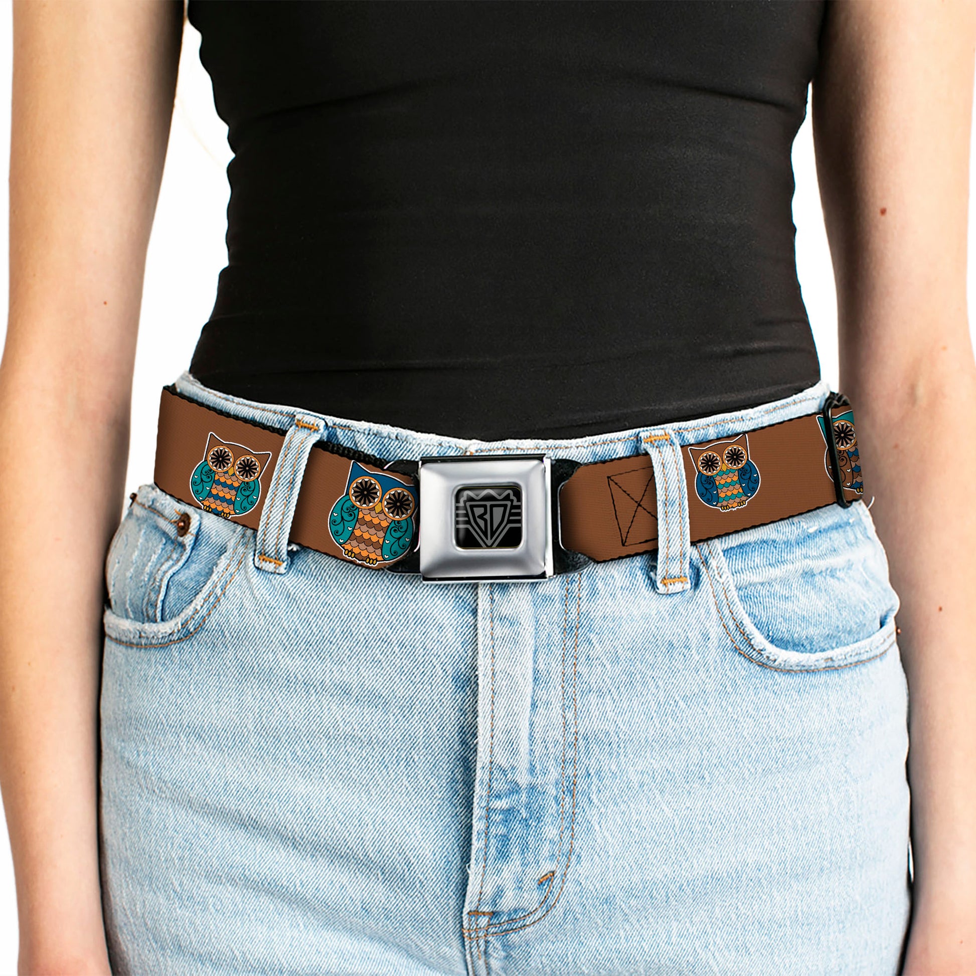 BD Wings Logo CLOSE-UP Full Color Black Silver Seatbelt Belt - Owls Brown/Pastel Webbing Seatbelt Belts Buckle-Down