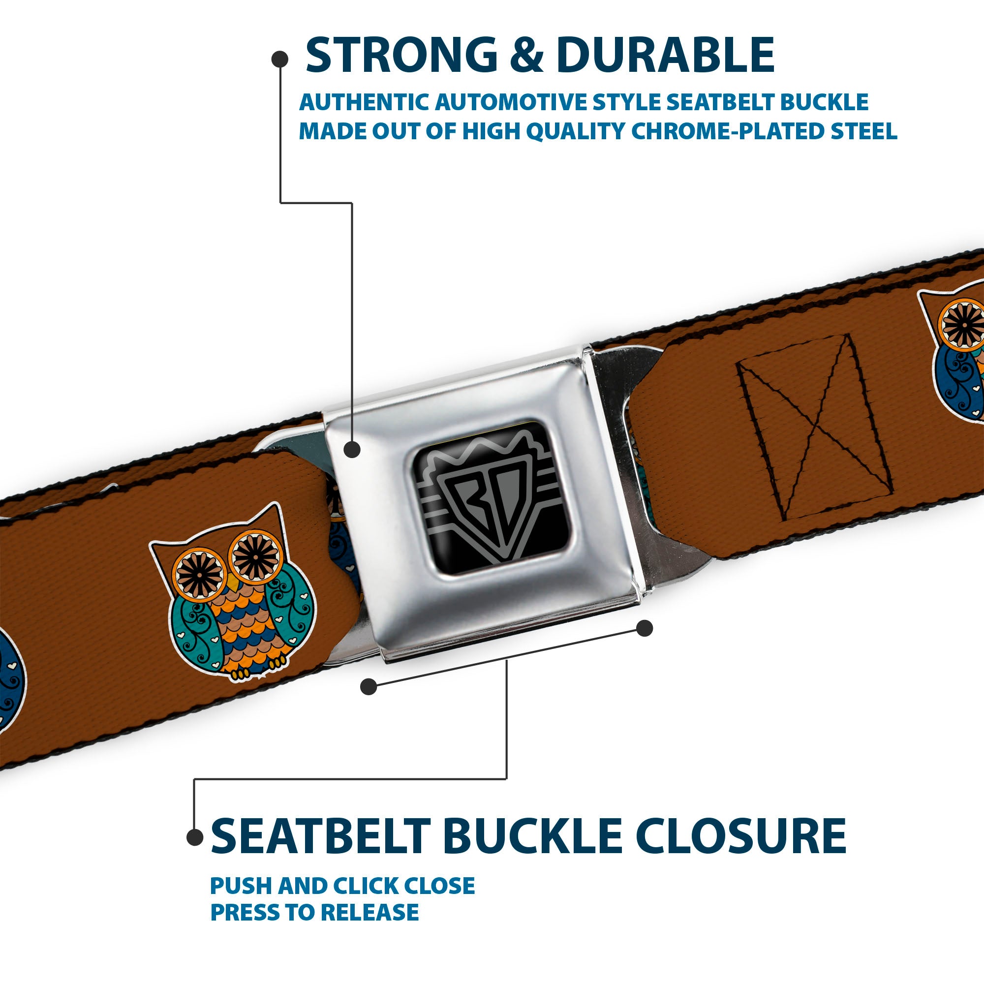 BD Wings Logo CLOSE-UP Full Color Black Silver Seatbelt Belt - Owls Brown/Pastel Webbing Seatbelt Belts Buckle-Down