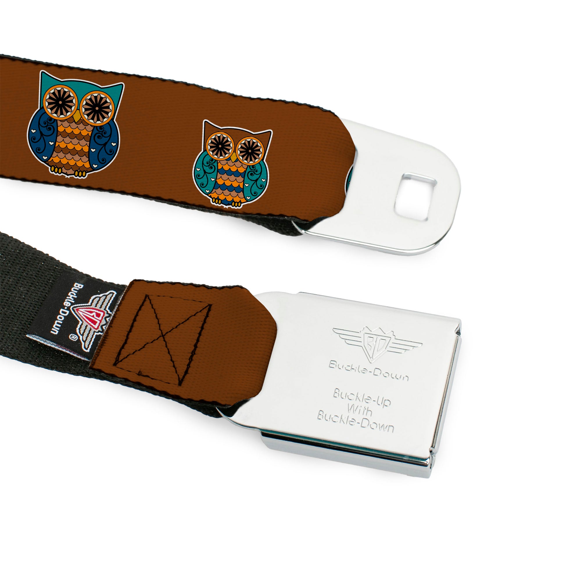 BD Wings Logo CLOSE-UP Full Color Black Silver Seatbelt Belt - Owls Brown/Pastel Webbing Seatbelt Belts Buckle-Down
