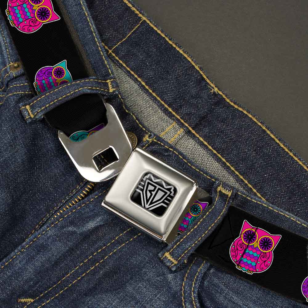 BD Wings Logo CLOSE-UP Full Color Black Silver Seatbelt Belt - Owls Black/Fuchsia/Purple/Turquoise Webbing Seatbelt Belts Buckle-Down