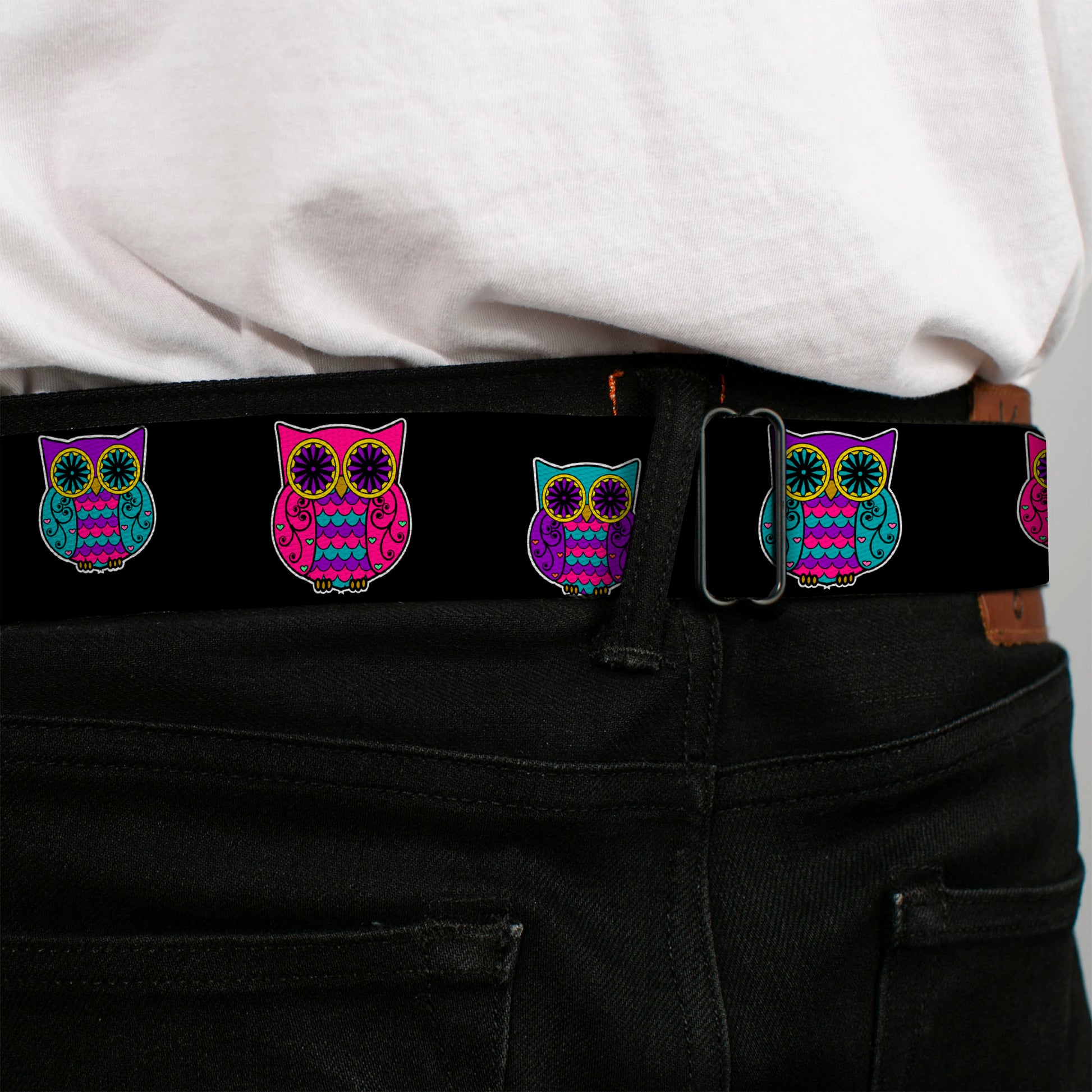 BD Wings Logo CLOSE-UP Full Color Black Silver Seatbelt Belt - Owls Black/Fuchsia/Purple/Turquoise Webbing Seatbelt Belts Buckle-Down