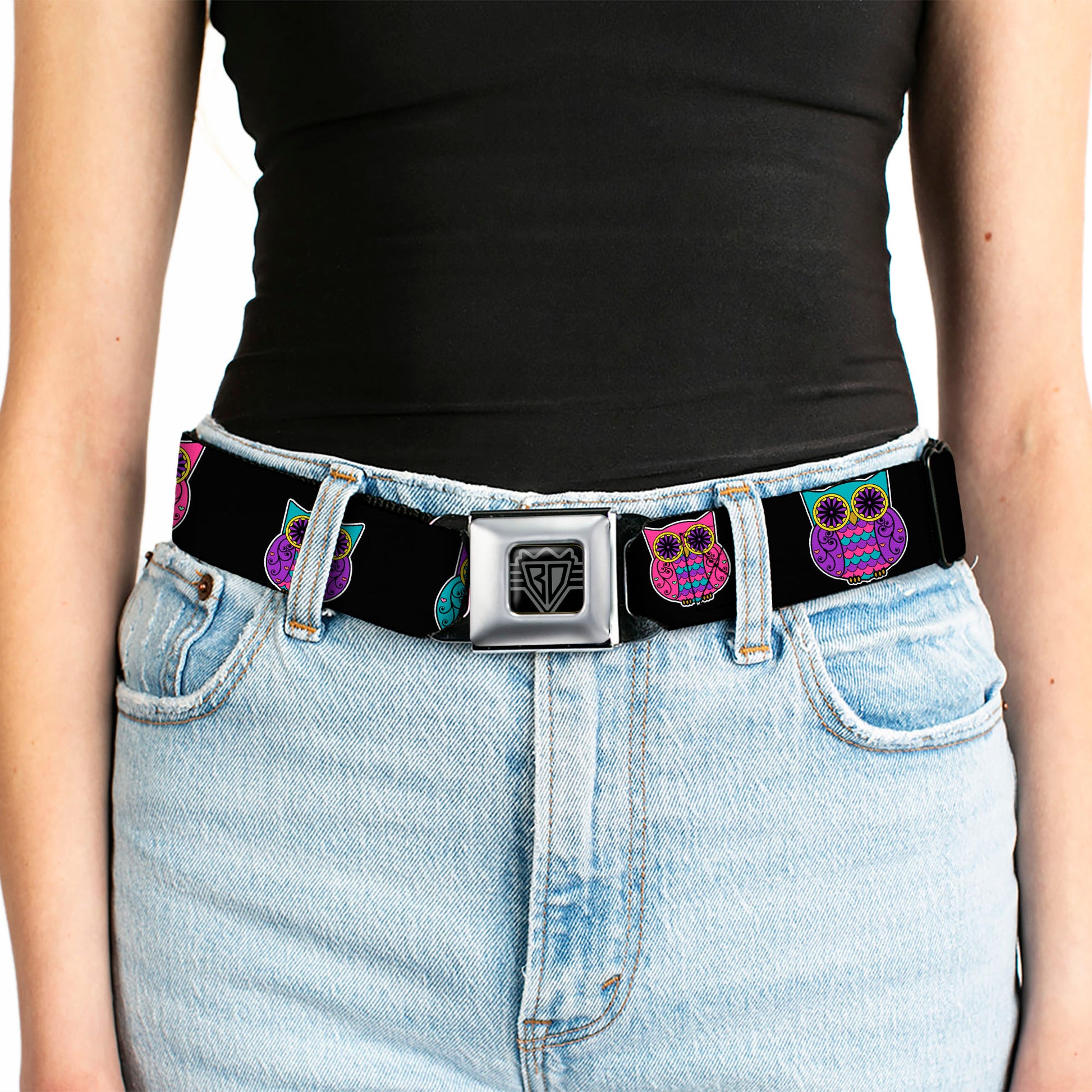 BD Wings Logo CLOSE-UP Full Color Black Silver Seatbelt Belt - Owls Black/Fuchsia/Purple/Turquoise Webbing Seatbelt Belts Buckle-Down