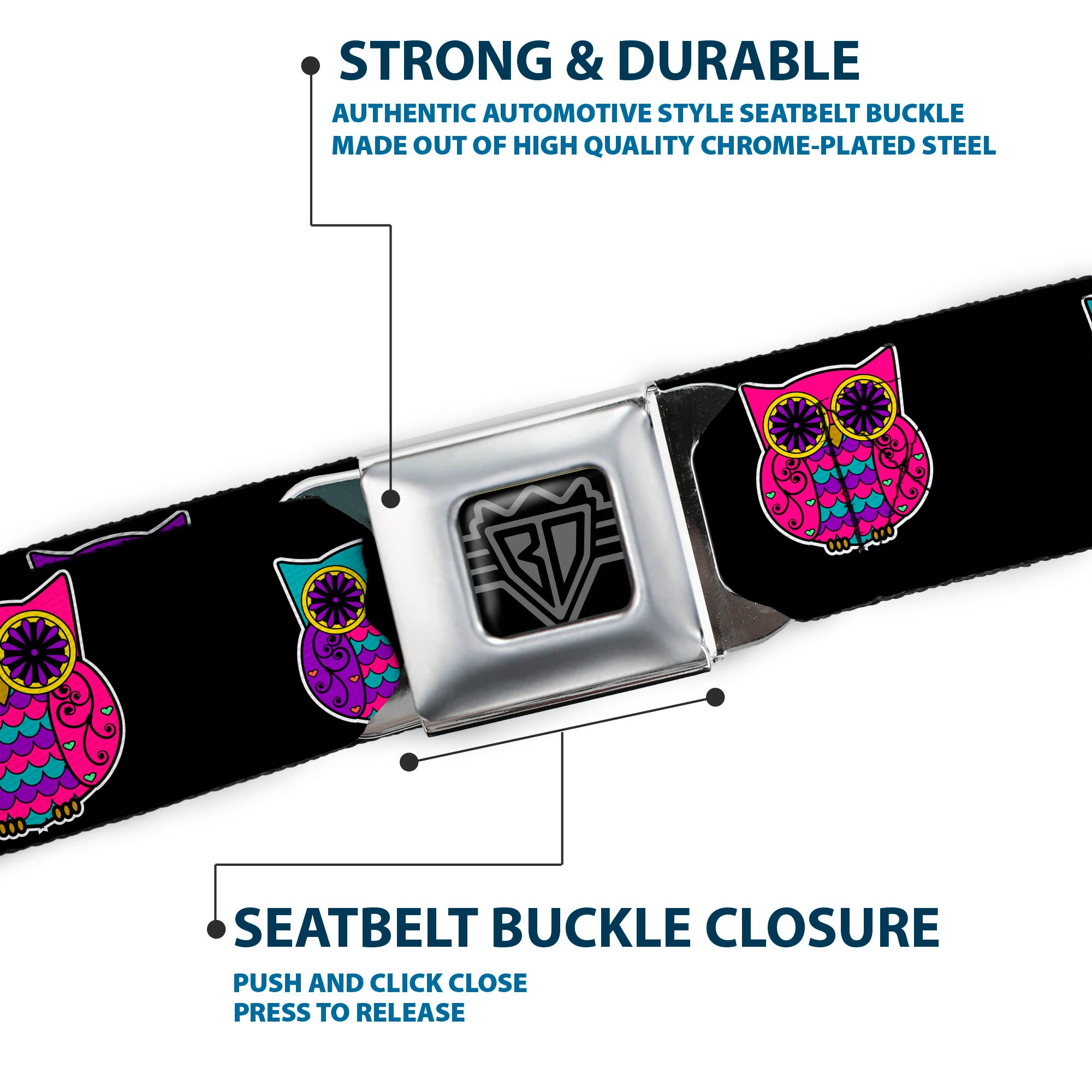 BD Wings Logo CLOSE-UP Full Color Black Silver Seatbelt Belt - Owls Black/Fuchsia/Purple/Turquoise Webbing Seatbelt Belts Buckle-Down
