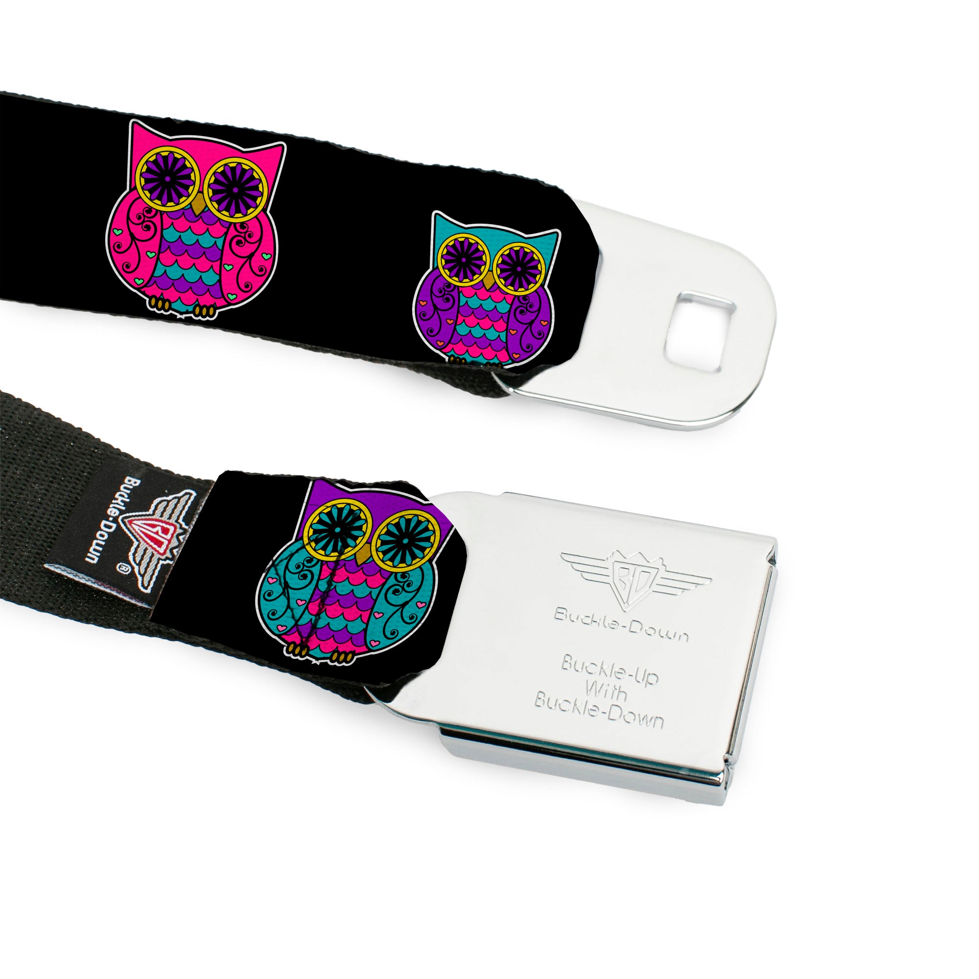 BD Wings Logo CLOSE-UP Full Color Black Silver Seatbelt Belt - Owls Black/Fuchsia/Purple/Turquoise Webbing Seatbelt Belts Buckle-Down