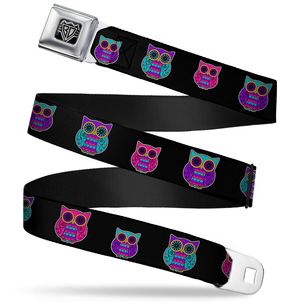 BD Wings Logo CLOSE-UP Full Color Black Silver Seatbelt Belt - Owls Black/Fuchsia/Purple/Turquoise Webbing Seatbelt Belts Buckle-Down