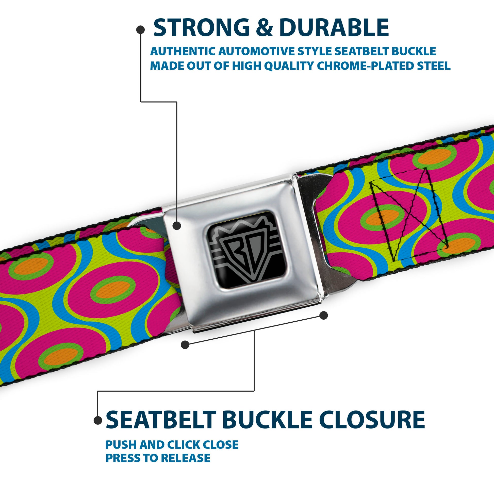 BD Wings Logo CLOSE-UP Full Color Black Silver Seatbelt Belt - Ogee Lime/Blue/Fuchsia/Orange Webbing Seatbelt Belts Buckle-Down