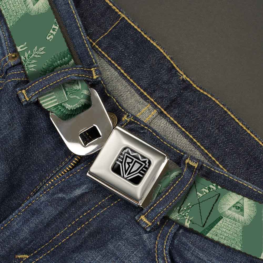 BD Wings Logo CLOSE-UP Full Color Black Silver Seatbelt Belt - One Dollar Bill Pyramid/Bald Eagle Webbing Seatbelt Belts Buckle-Down