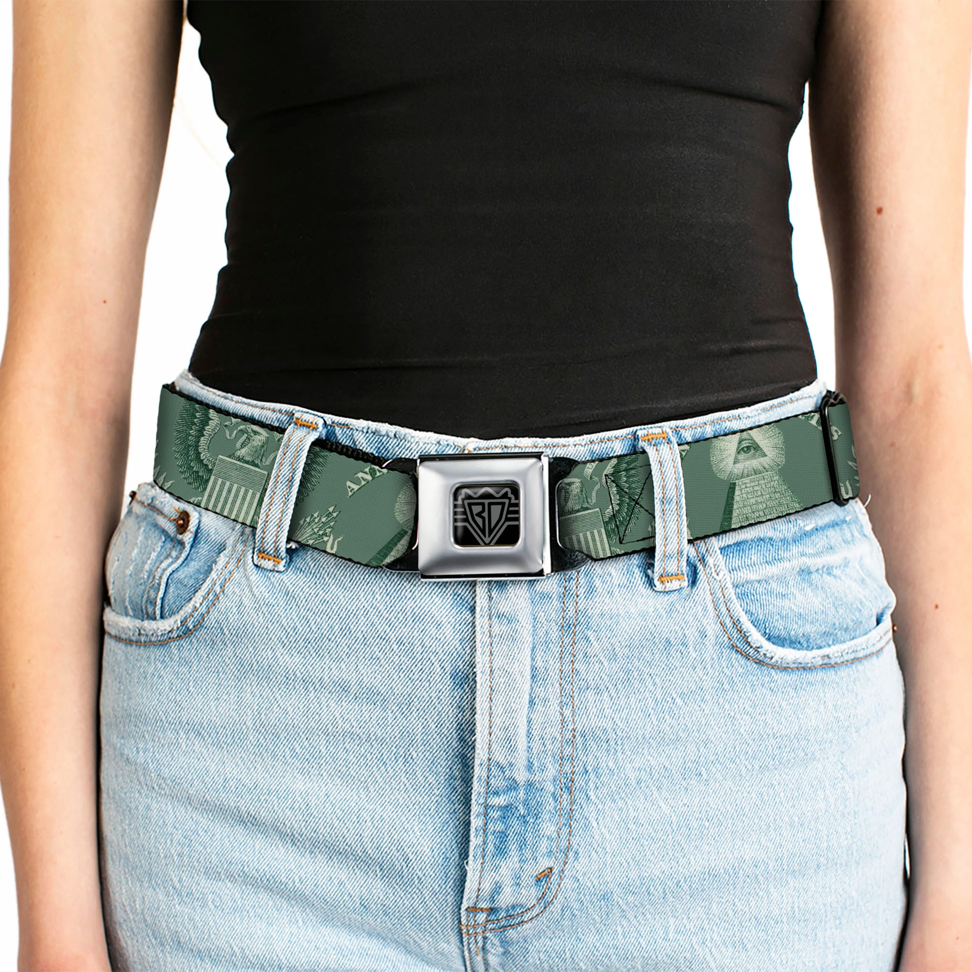 BD Wings Logo CLOSE-UP Full Color Black Silver Seatbelt Belt - One Dollar Bill Pyramid/Bald Eagle Webbing Seatbelt Belts Buckle-Down