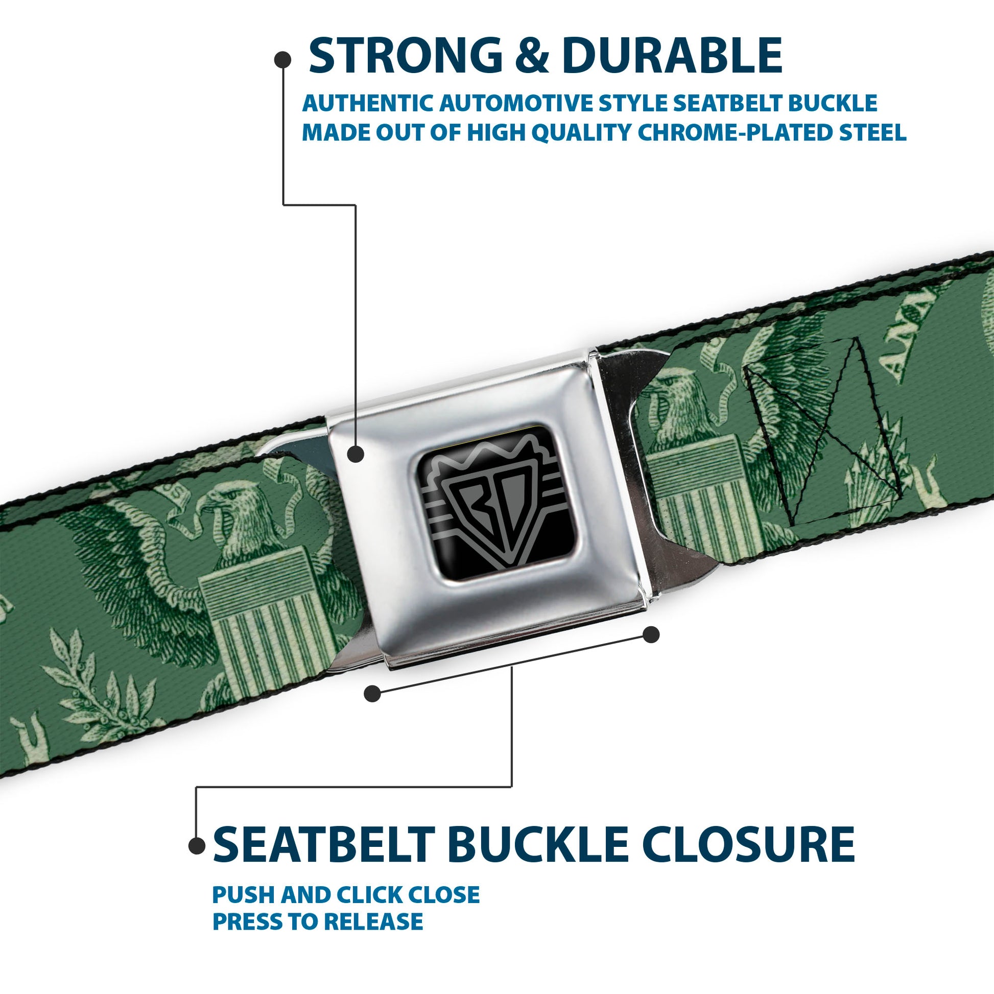 BD Wings Logo CLOSE-UP Full Color Black Silver Seatbelt Belt - One Dollar Bill Pyramid/Bald Eagle Webbing Seatbelt Belts Buckle-Down