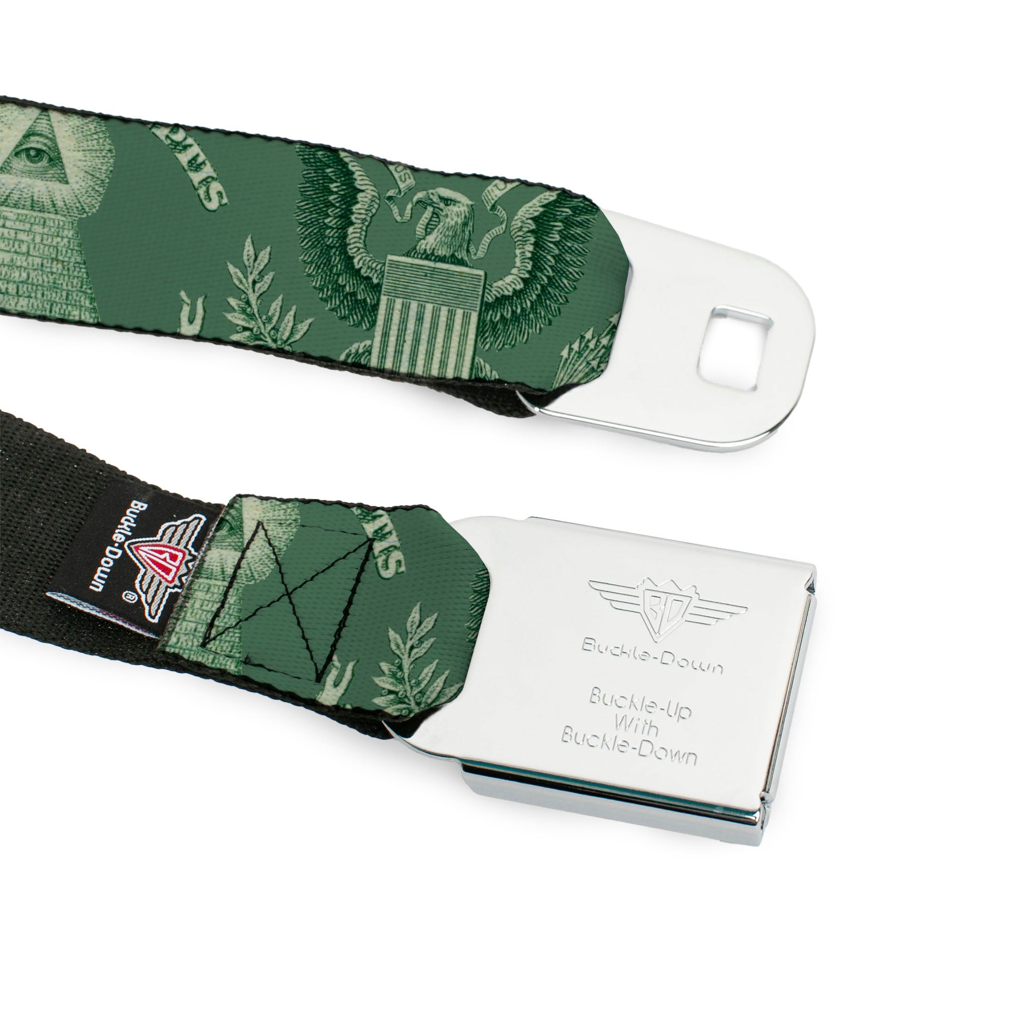 BD Wings Logo CLOSE-UP Full Color Black Silver Seatbelt Belt - One Dollar Bill Pyramid/Bald Eagle Webbing Seatbelt Belts Buckle-Down
