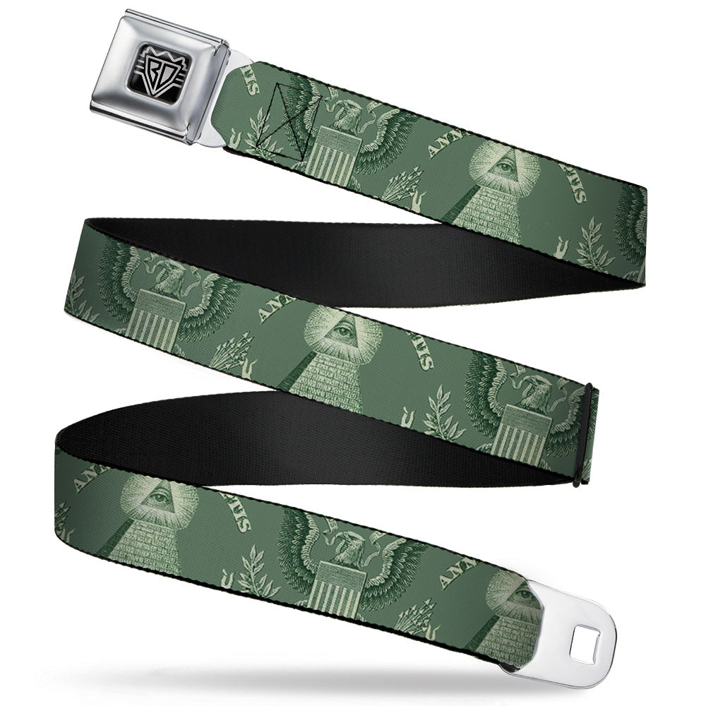 BD Wings Logo CLOSE-UP Full Color Black Silver Seatbelt Belt - One Dollar Bill Pyramid/Bald Eagle Webbing Seatbelt Belts Buckle-Down