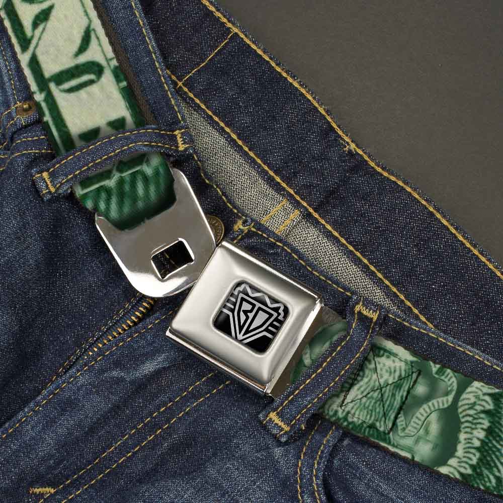 BD Wings Logo CLOSE-UP Full Color Black Silver Seatbelt Belt - One Dollar Bill Eye of Providence/Bald Eagle CLOSE-UP Webbing Seatbelt Belts Buckle-Down
