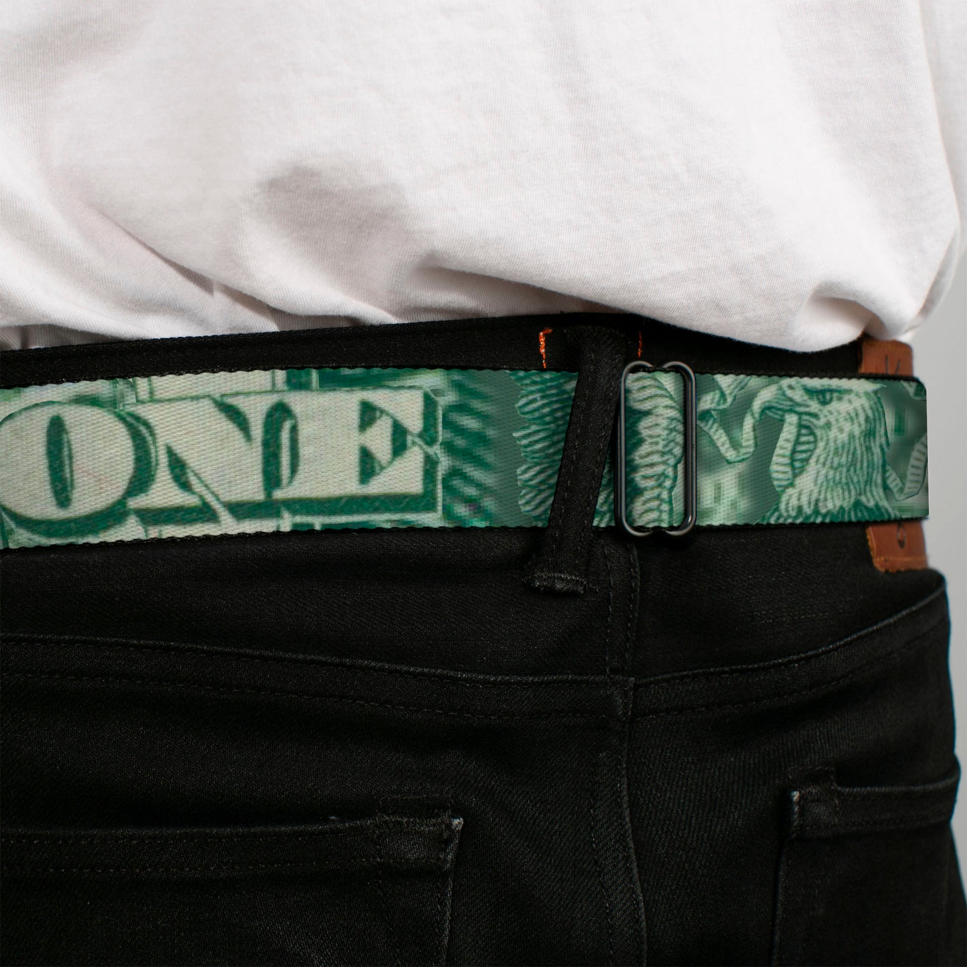 BD Wings Logo CLOSE-UP Full Color Black Silver Seatbelt Belt - One Dollar Bill Eye of Providence/Bald Eagle CLOSE-UP Webbing Seatbelt Belts Buckle-Down