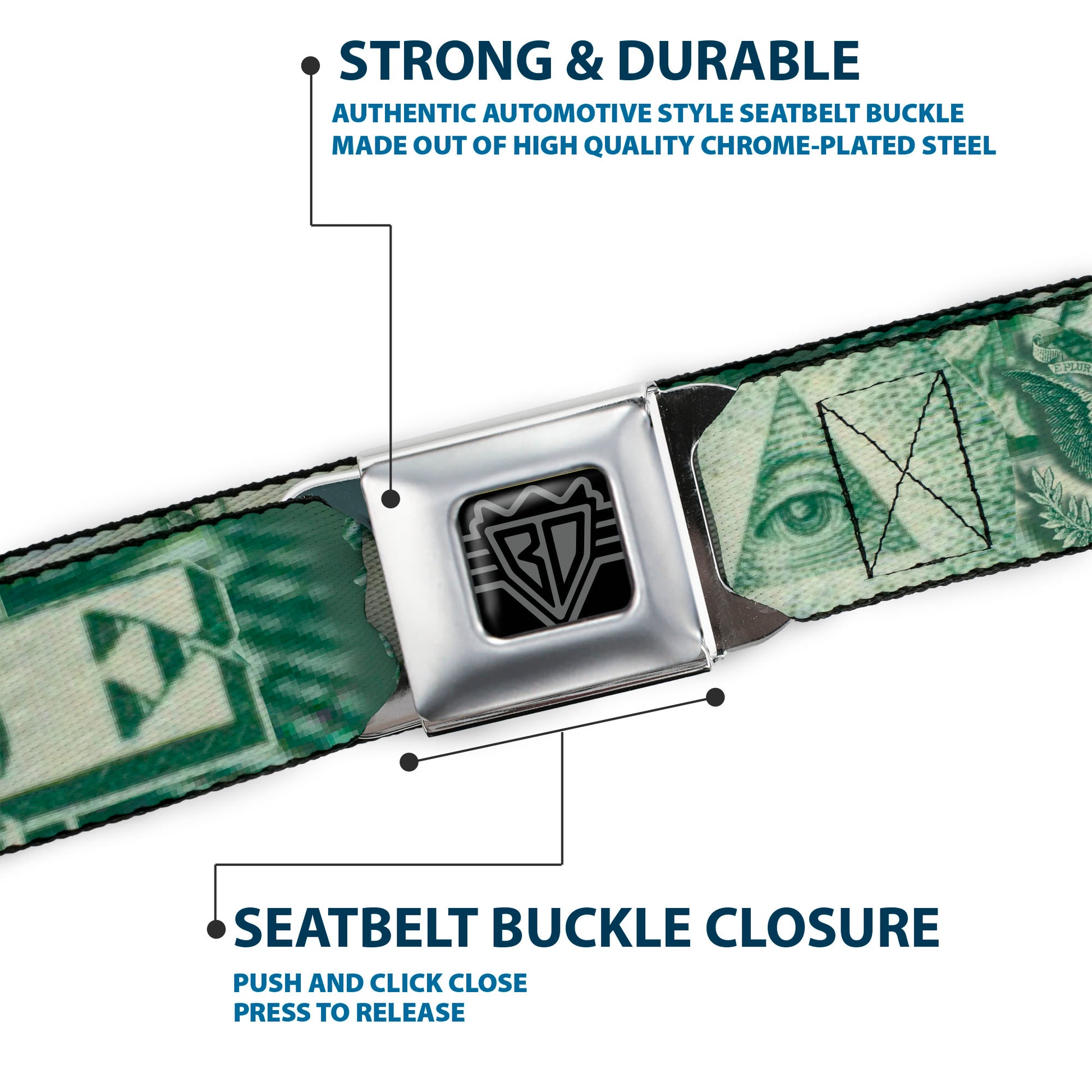BD Wings Logo CLOSE-UP Full Color Black Silver Seatbelt Belt - One Dollar Bill Eye of Providence/Bald Eagle CLOSE-UP Webbing Seatbelt Belts Buckle-Down