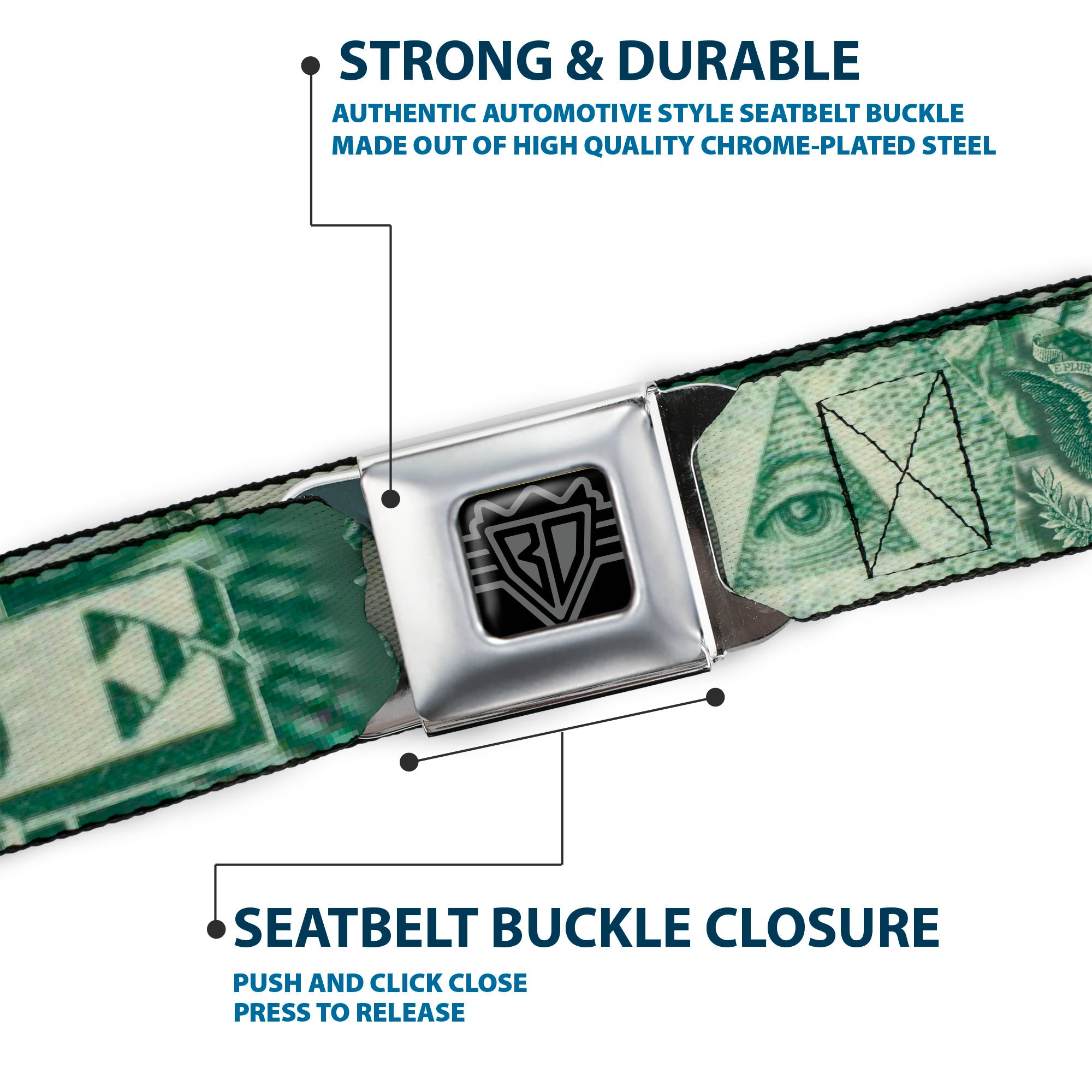 BD Wings Logo CLOSE-UP Full Color Black Silver Seatbelt Belt - One Dollar Bill Eye of Providence/Bald Eagle CLOSE-UP Webbing Seatbelt Belts Buckle-Down
