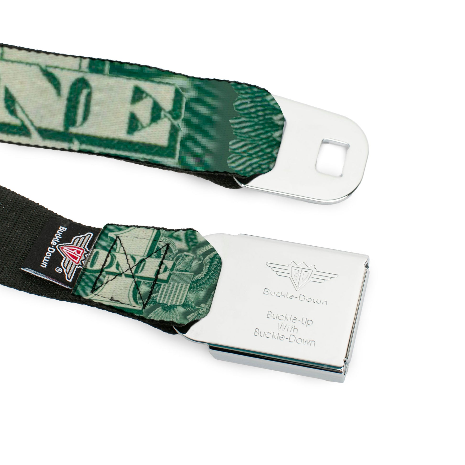 BD Wings Logo CLOSE-UP Full Color Black Silver Seatbelt Belt - One Dollar Bill Eye of Providence/Bald Eagle CLOSE-UP Webbing Seatbelt Belts Buckle-Down