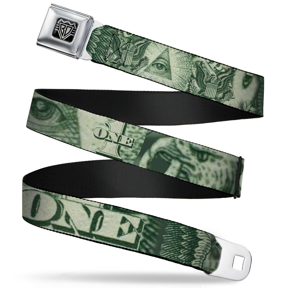 BD Wings Logo CLOSE-UP Full Color Black Silver Seatbelt Belt - One Dollar Bill Eye of Providence/Bald Eagle CLOSE-UP Webbing Seatbelt Belts Buckle-Down