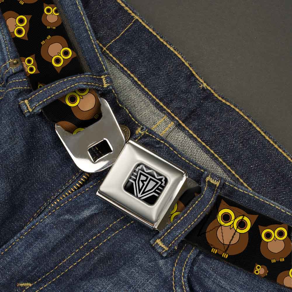 BD Wings Logo CLOSE-UP Full Color Black Silver Seatbelt Belt - Owls Scattered Black/Brown/Yellow Webbing Seatbelt Belts Buckle-Down
