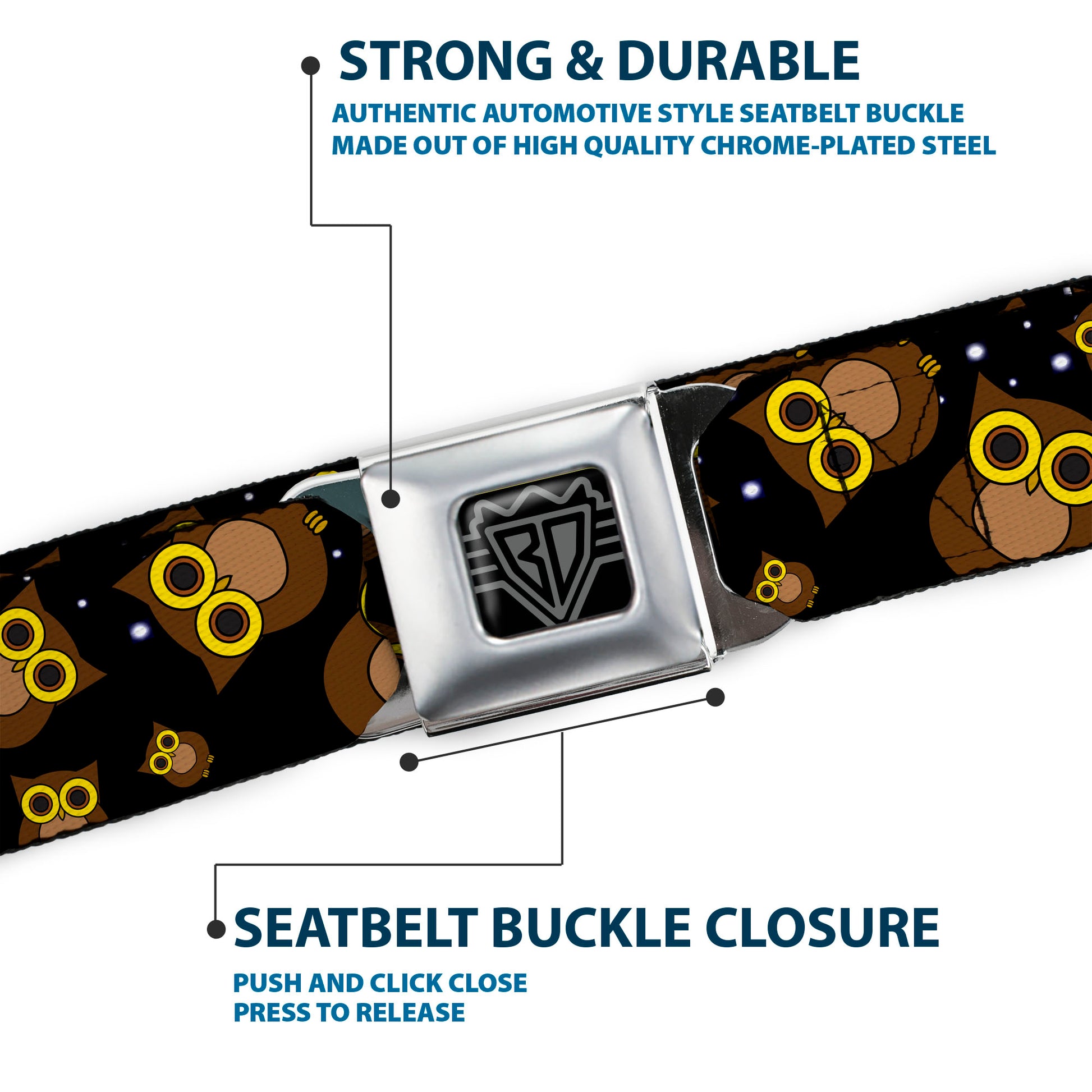 BD Wings Logo CLOSE-UP Full Color Black Silver Seatbelt Belt - Owls Scattered Black/Brown/Yellow Webbing Seatbelt Belts Buckle-Down