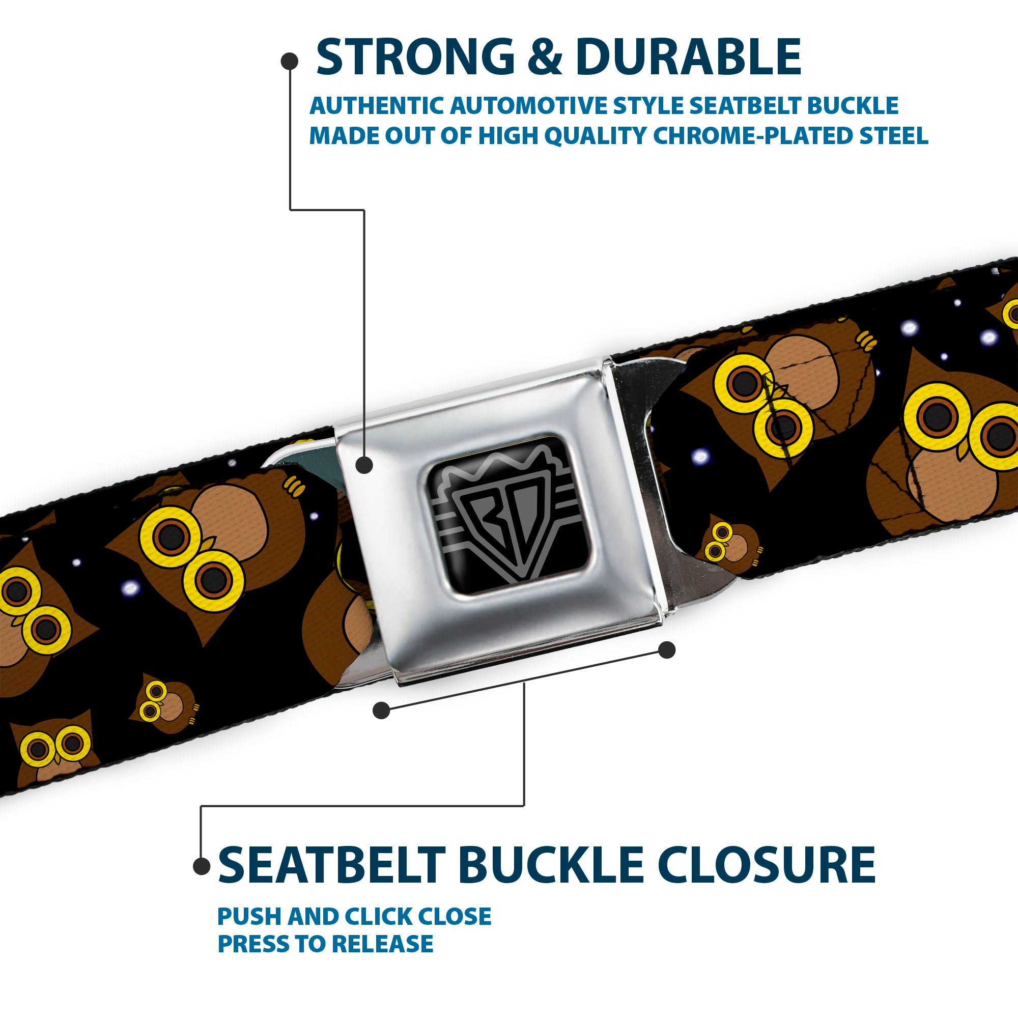 BD Wings Logo CLOSE-UP Full Color Black Silver Seatbelt Belt - Owls Scattered Black/Brown/Yellow Webbing Seatbelt Belts Buckle-Down