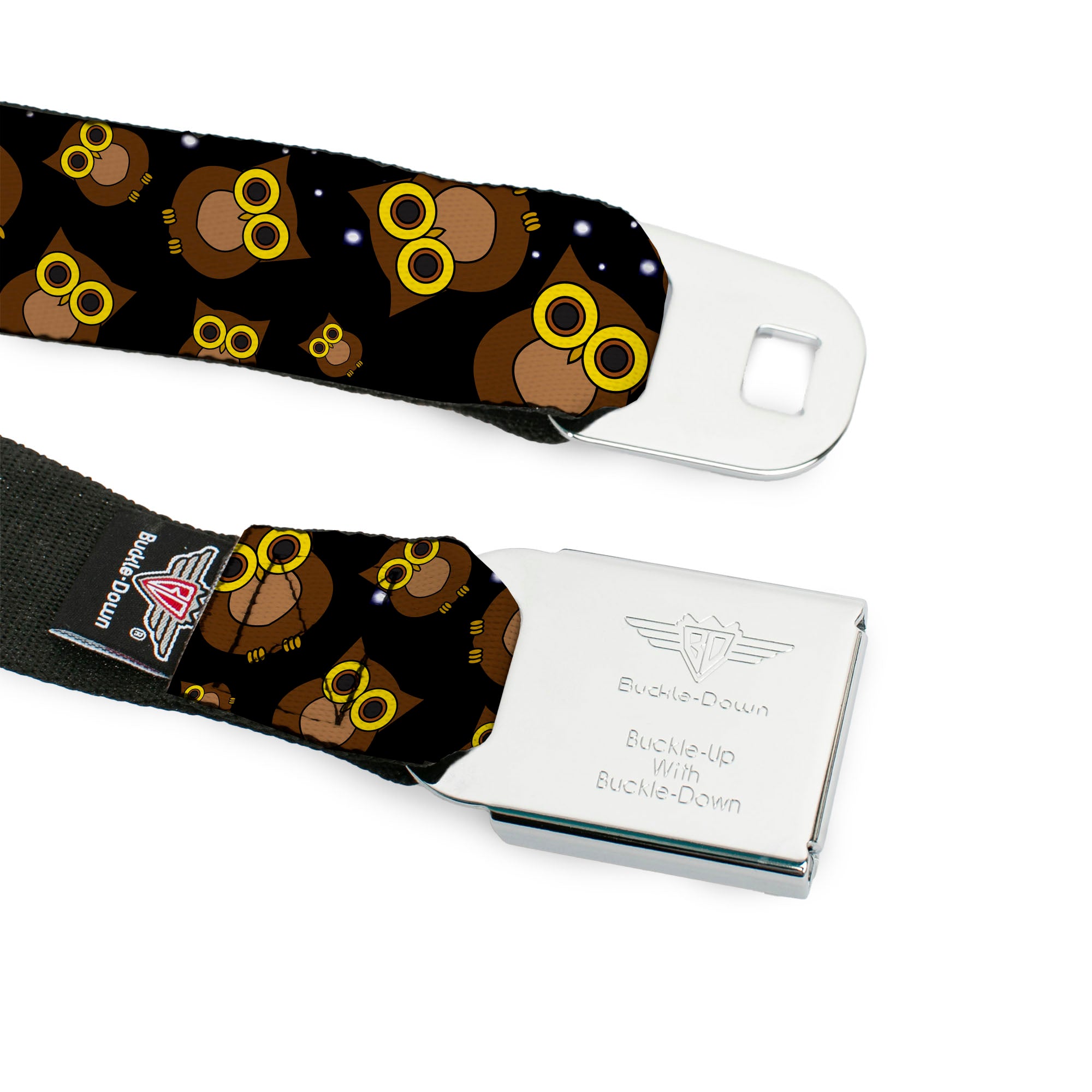BD Wings Logo CLOSE-UP Full Color Black Silver Seatbelt Belt - Owls Scattered Black/Brown/Yellow Webbing Seatbelt Belts Buckle-Down