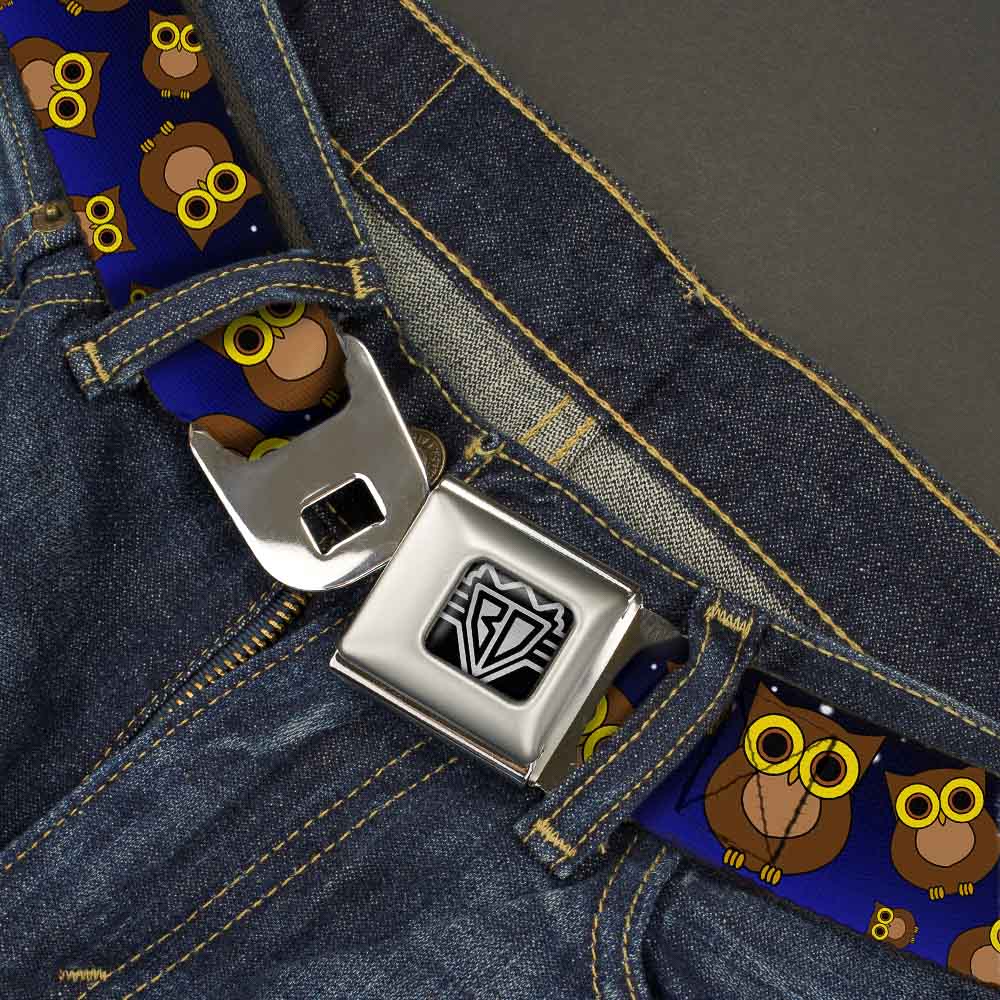BD Wings Logo CLOSE-UP Full Color Black Silver Seatbelt Belt - Owls Scattered Black/Blue-Fade/Yellow Webbing Seatbelt Belts Buckle-Down