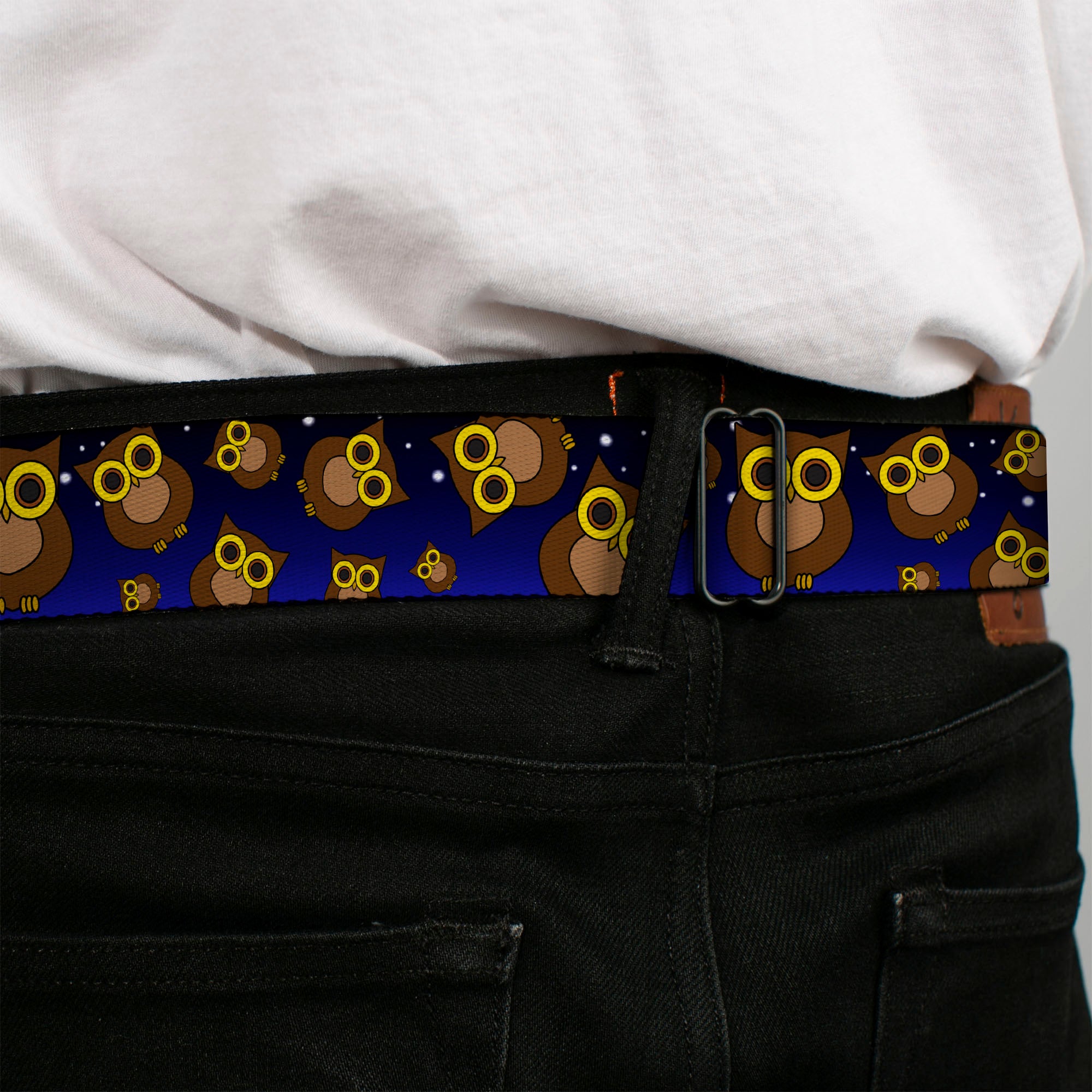 BD Wings Logo CLOSE-UP Full Color Black Silver Seatbelt Belt - Owls Scattered Black/Blue-Fade/Yellow Webbing Seatbelt Belts Buckle-Down