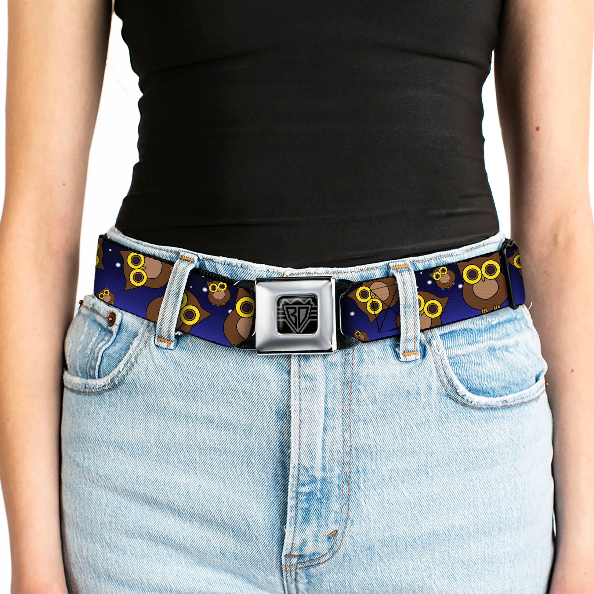 BD Wings Logo CLOSE-UP Full Color Black Silver Seatbelt Belt - Owls Scattered Black/Blue-Fade/Yellow Webbing Seatbelt Belts Buckle-Down