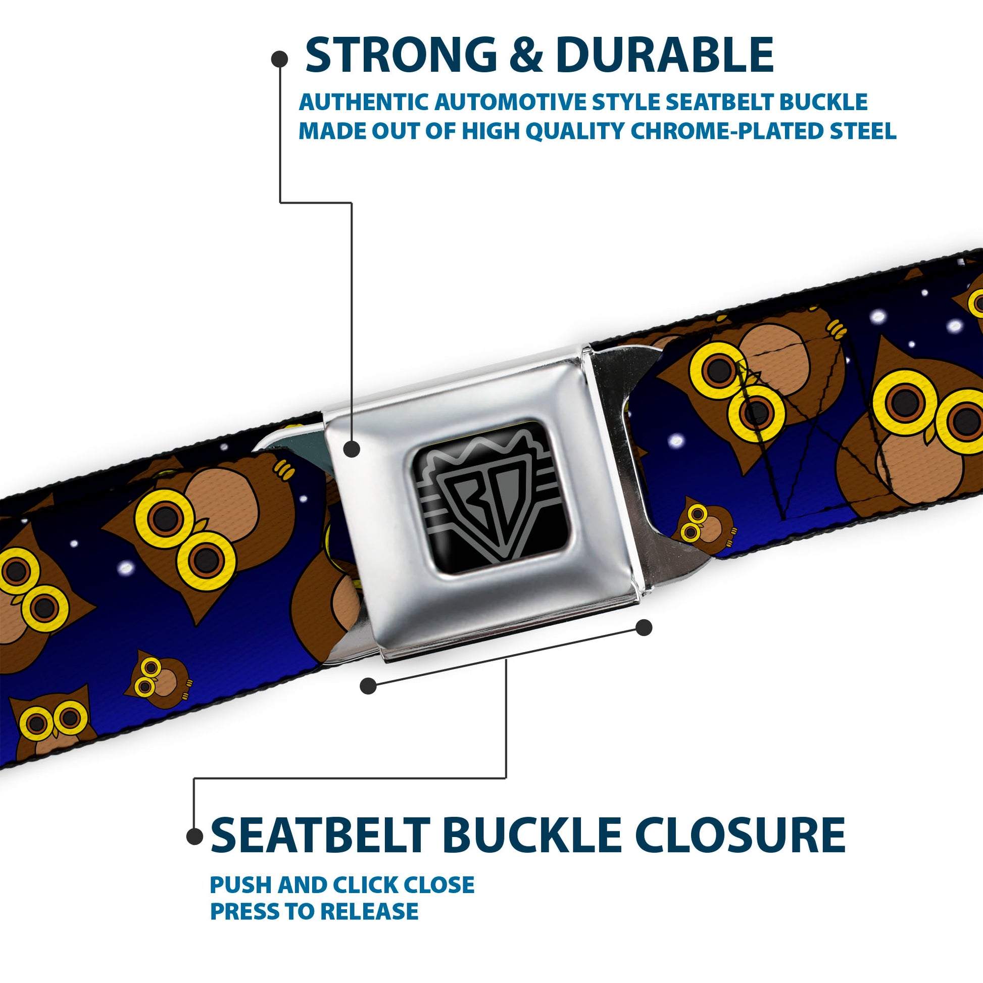 BD Wings Logo CLOSE-UP Full Color Black Silver Seatbelt Belt - Owls Scattered Black/Blue-Fade/Yellow Webbing Seatbelt Belts Buckle-Down