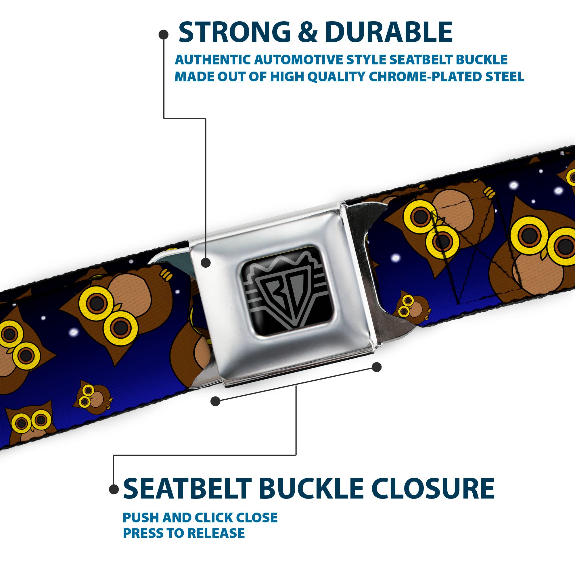 BD Wings Logo CLOSE-UP Full Color Black Silver Seatbelt Belt - Owls Scattered Black/Blue-Fade/Yellow Webbing Seatbelt Belts Buckle-Down
