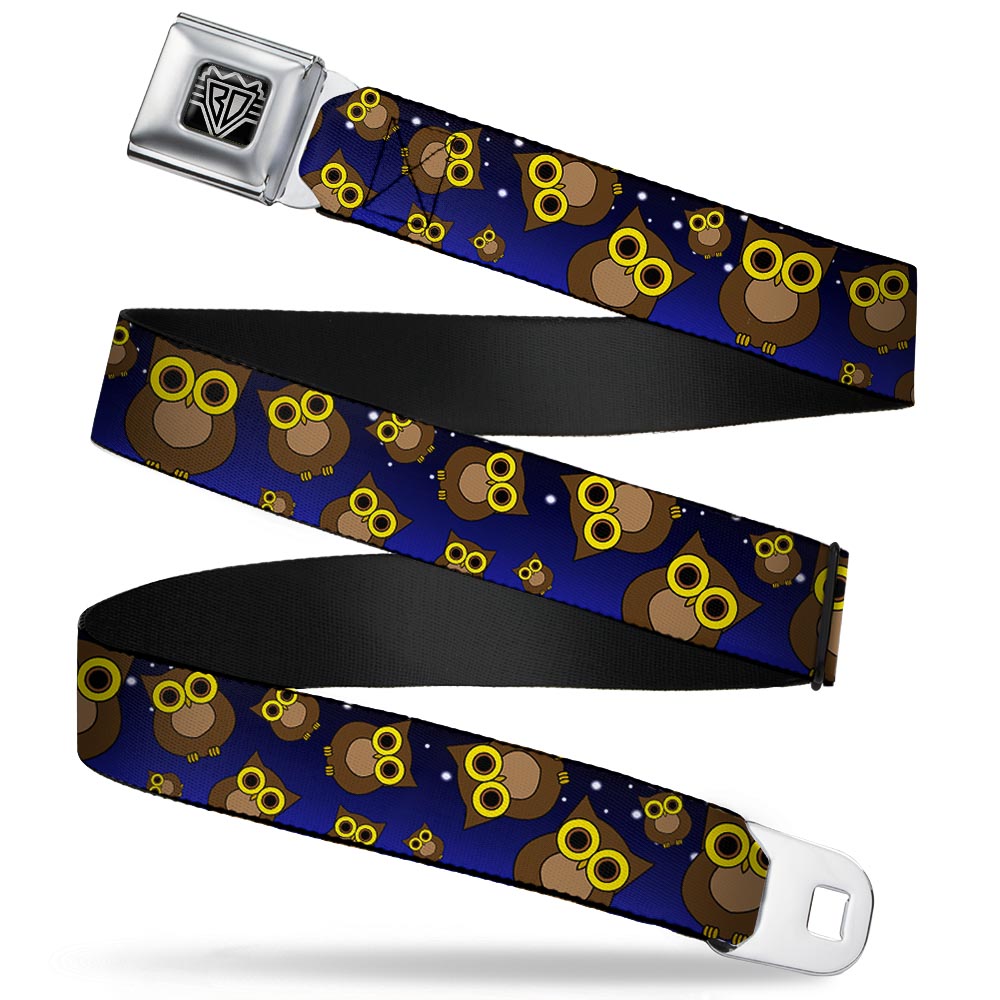 BD Wings Logo CLOSE-UP Full Color Black Silver Seatbelt Belt - Owls Scattered Black/Blue-Fade/Yellow Webbing Seatbelt Belts Buckle-Down