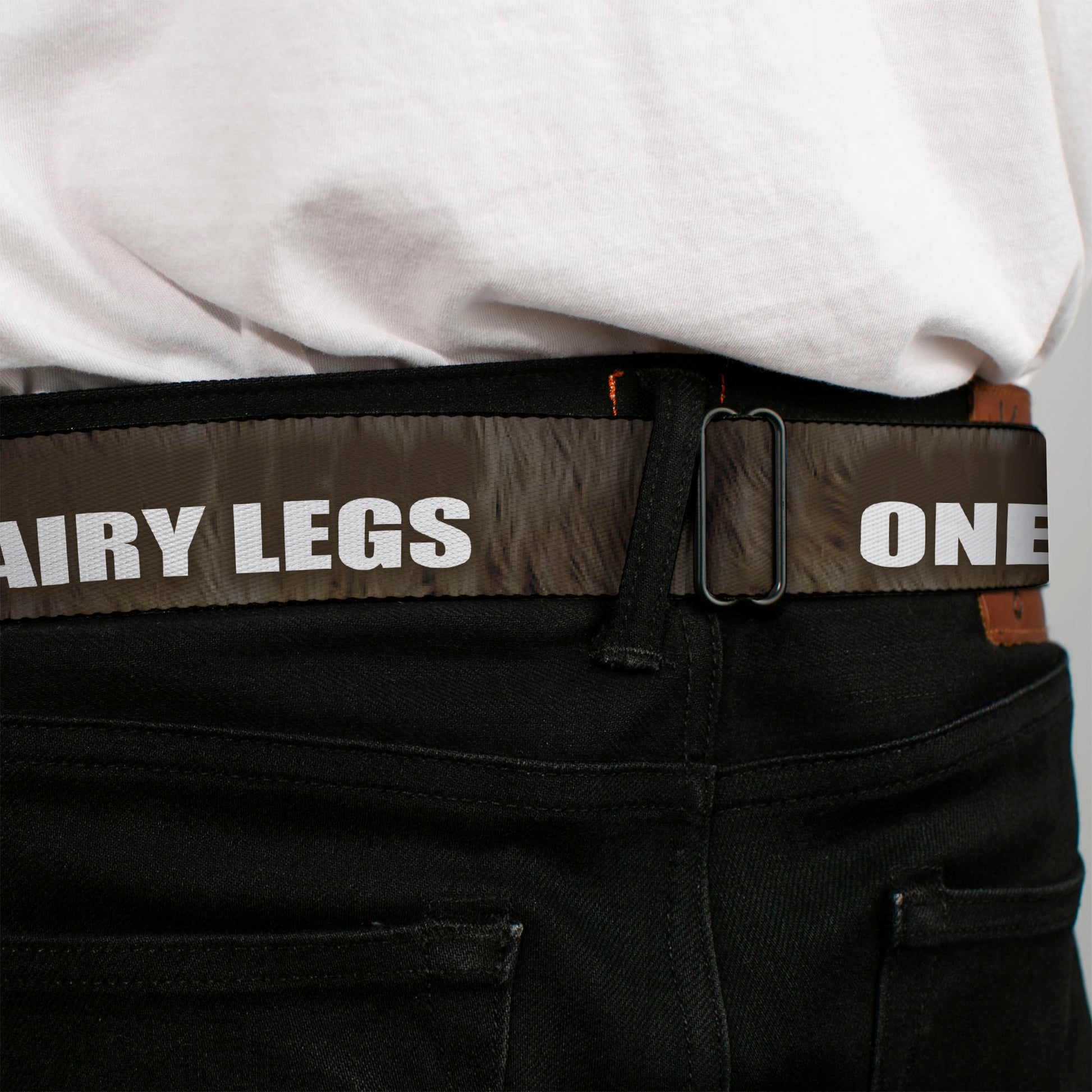 Seatbelt Belt - ONE OF US HAS HAIRY LEGS/Fur Tan/White Seatbelt Belts Buckle-Down