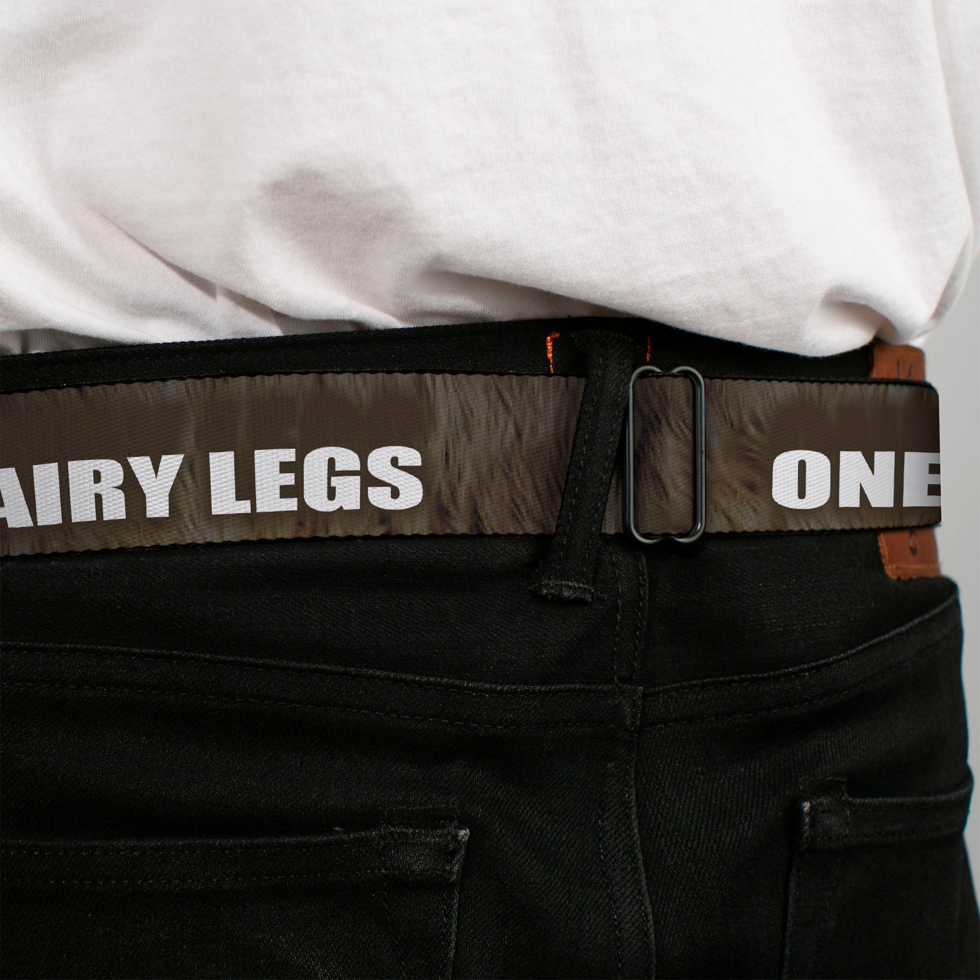 Seatbelt Belt - ONE OF US HAS HAIRY LEGS/Fur Tan/White Seatbelt Belts Buckle-Down