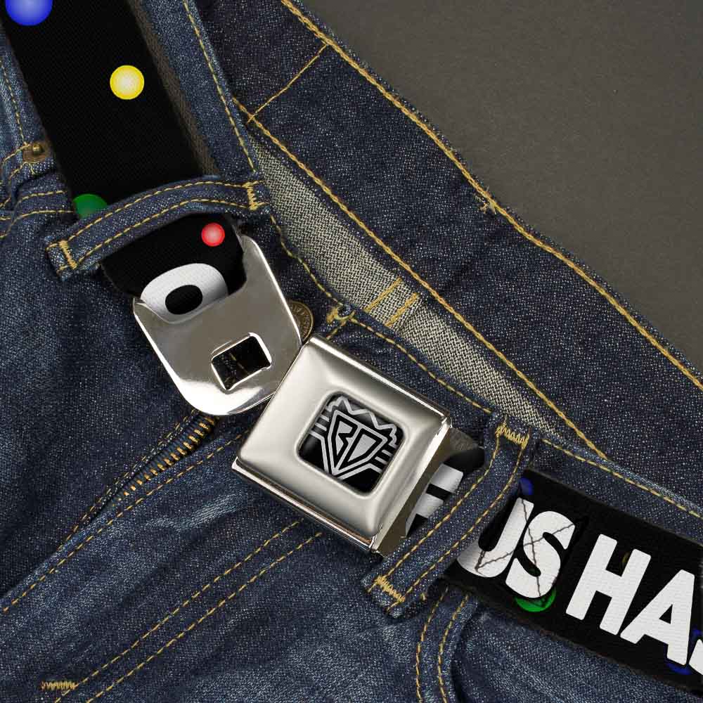 Seatbelt Belt - ONE OF US HAS NO BALLS/Balls Black/Multi Color/White Seatbelt Belts Buckle-Down