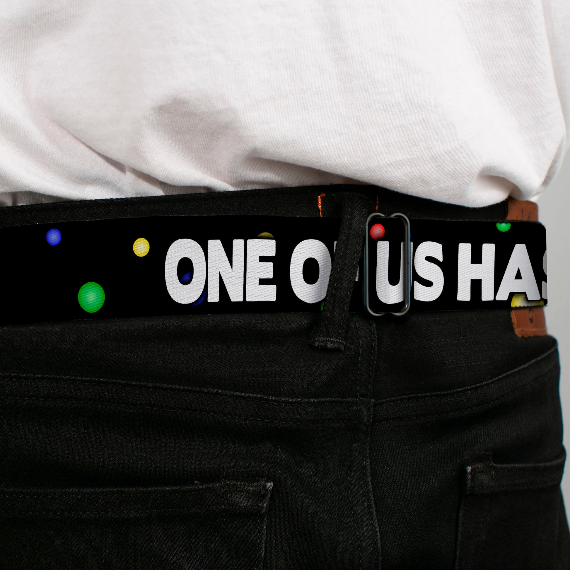 Seatbelt Belt - ONE OF US HAS NO BALLS/Balls Black/Multi Color/White Seatbelt Belts Buckle-Down