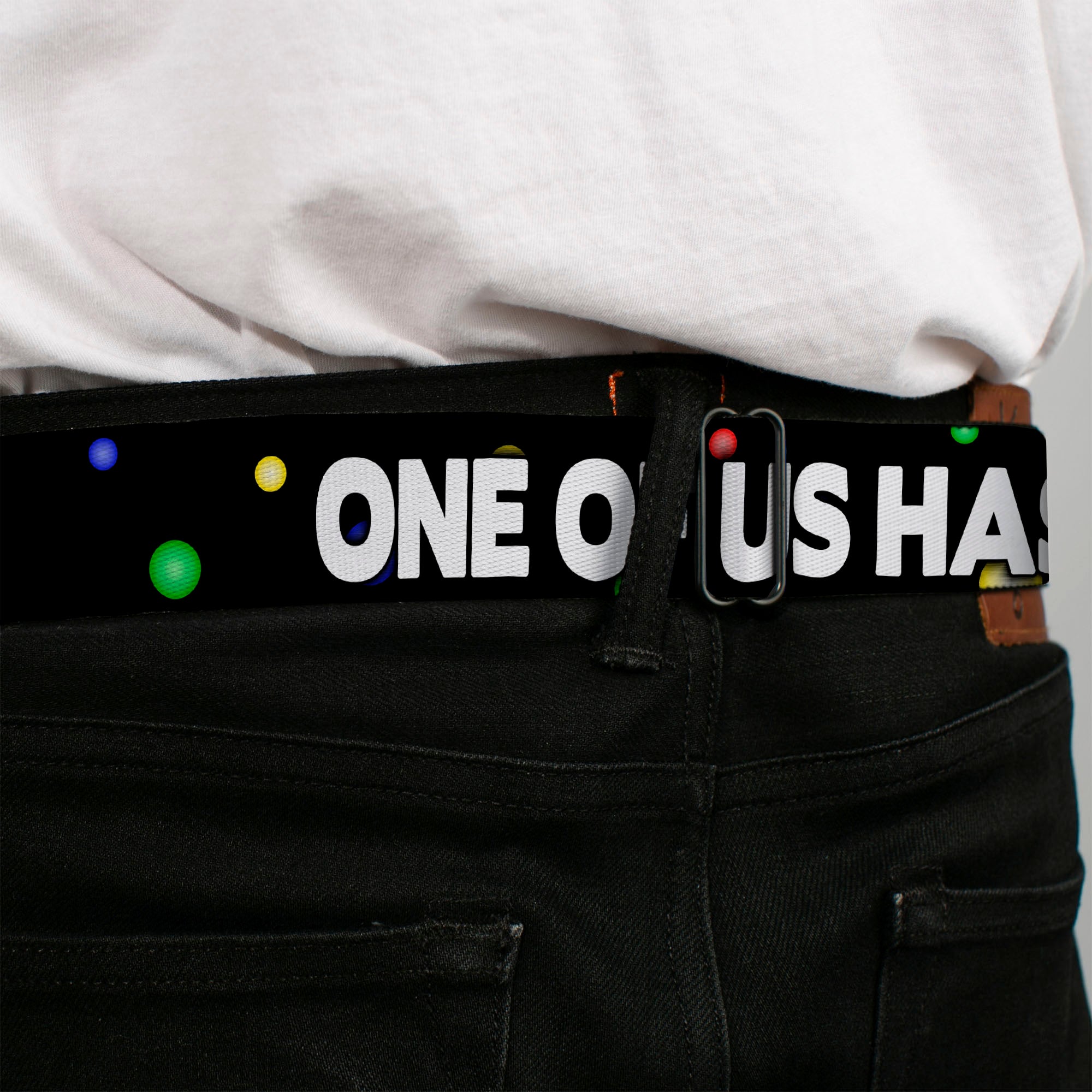 Seatbelt Belt - ONE OF US HAS NO BALLS/Balls Black/Multi Color/White Seatbelt Belts Buckle-Down