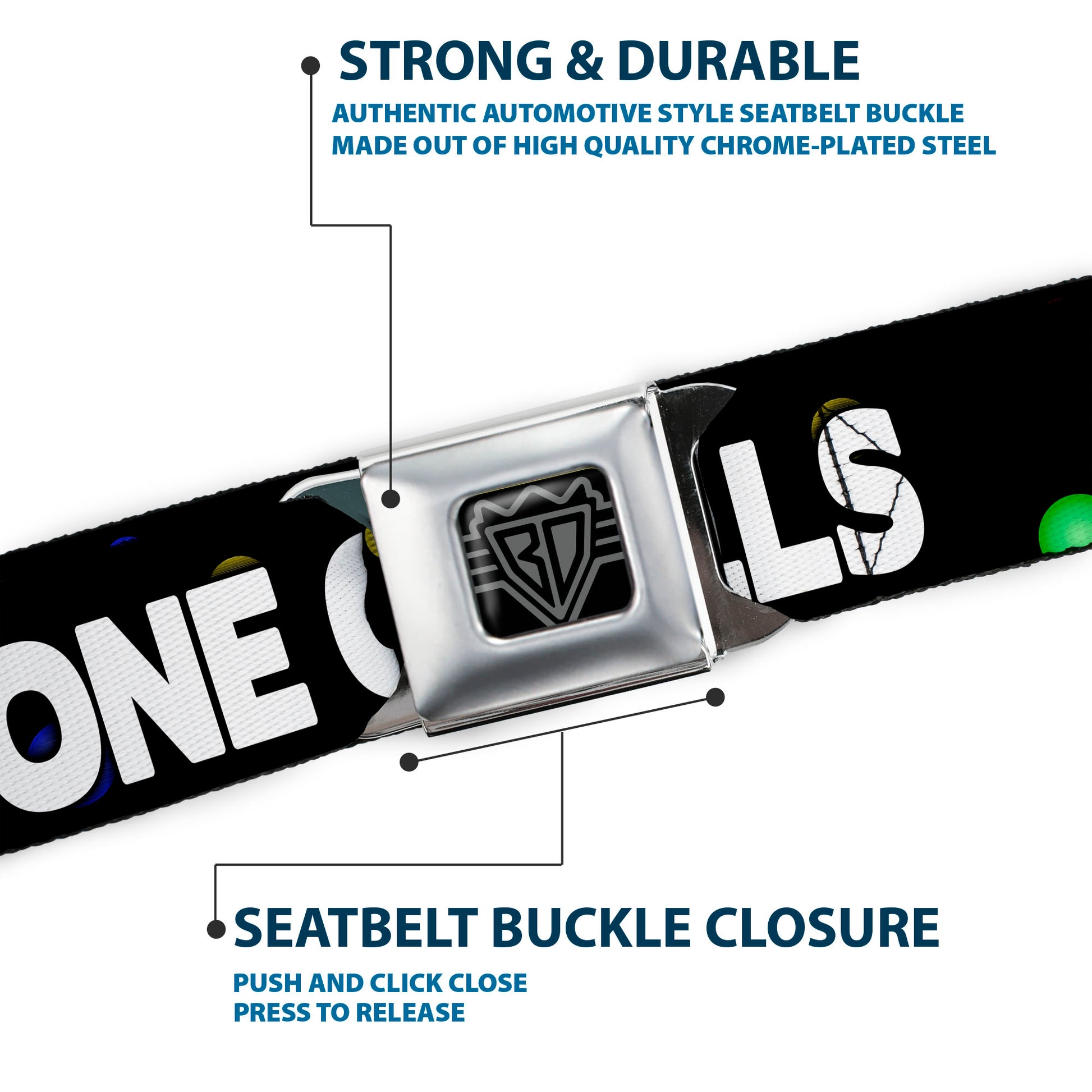 Seatbelt Belt - ONE OF US HAS NO BALLS/Balls Black/Multi Color/White Seatbelt Belts Buckle-Down