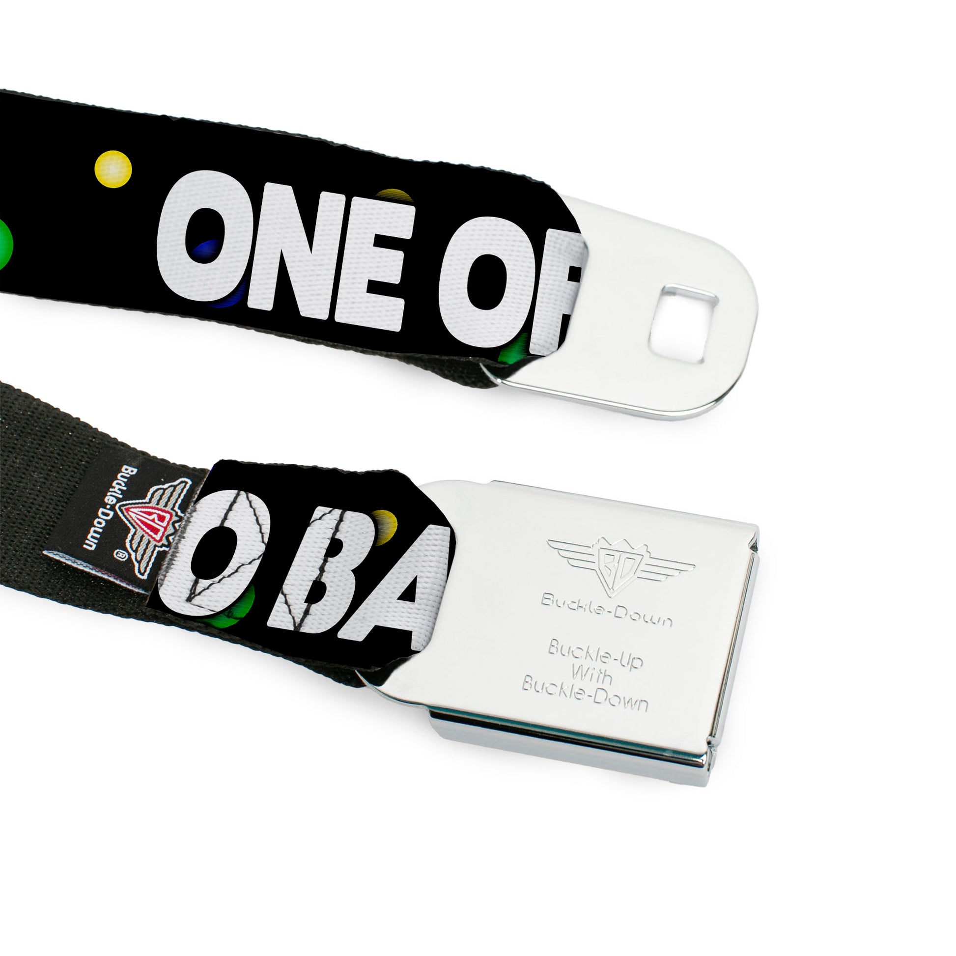 Seatbelt Belt - ONE OF US HAS NO BALLS/Balls Black/Multi Color/White Seatbelt Belts Buckle-Down