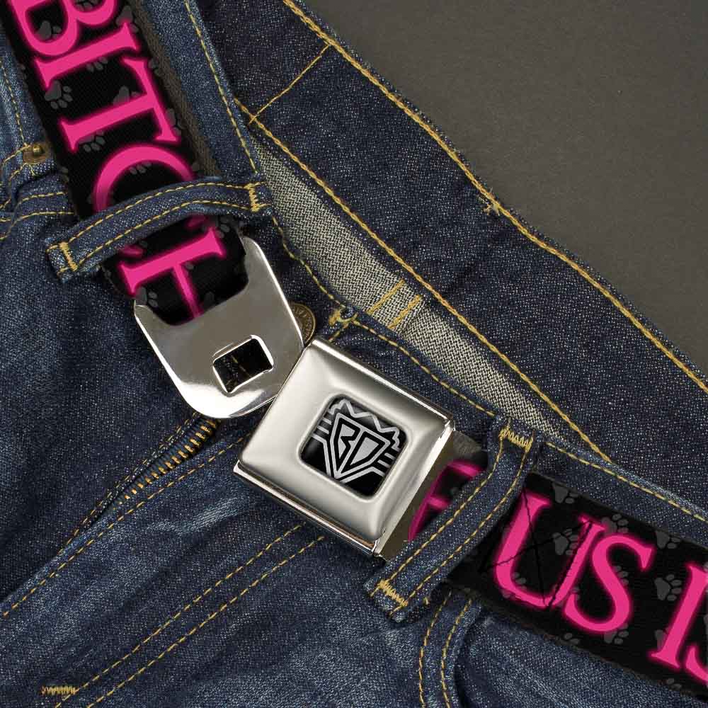 BD Wings Logo CLOSE-UP Full Color Black Silver Seatbelt Belt - ONE OF US IS A BITCH Crown/Paws Black/Gray/Pink Webbing Seatbelt Belts Buckle-Down