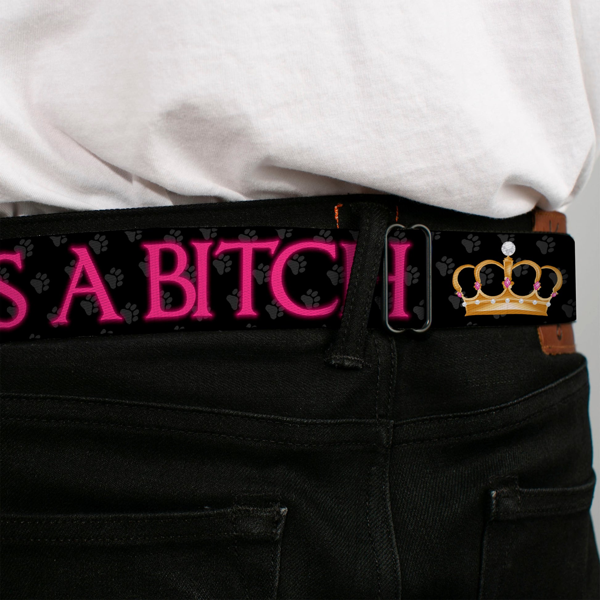 BD Wings Logo CLOSE-UP Full Color Black Silver Seatbelt Belt - ONE OF US IS A BITCH Crown/Paws Black/Gray/Pink Webbing Seatbelt Belts Buckle-Down