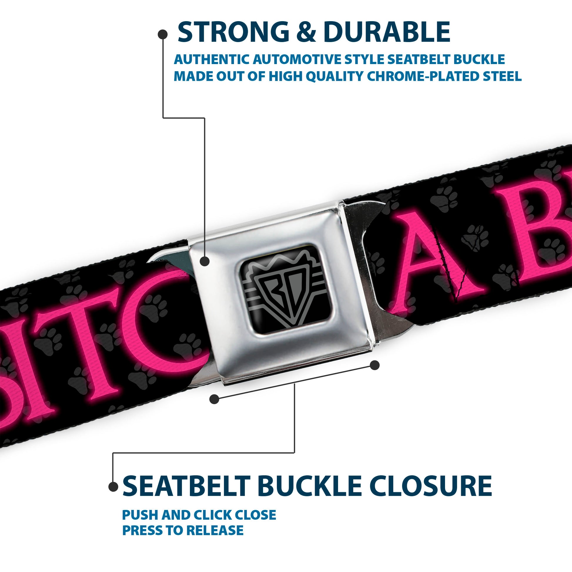 BD Wings Logo CLOSE-UP Full Color Black Silver Seatbelt Belt - ONE OF US IS A BITCH Crown/Paws Black/Gray/Pink Webbing Seatbelt Belts Buckle-Down