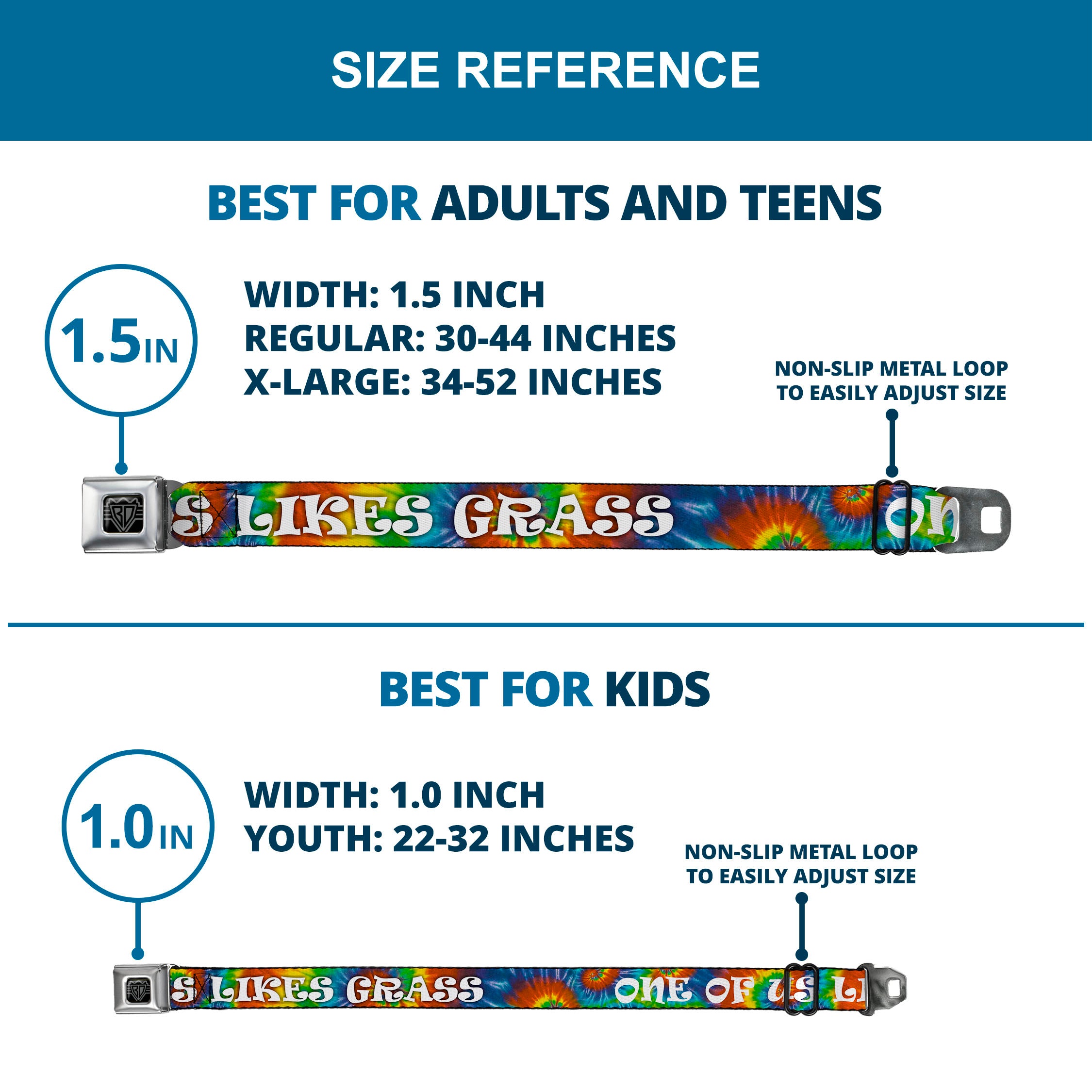 Seatbelt Belt - ONE OF US LIKES GRASS/Tie Dye Multi Color/White Seatbelt Belts Buckle-Down