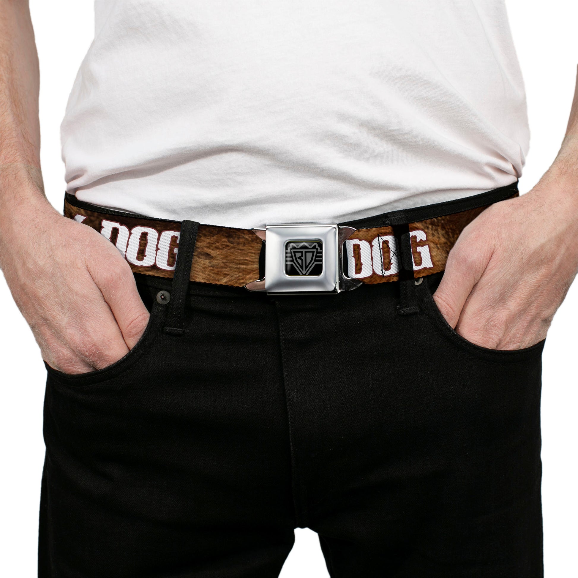 Seatbelt Belt - ONE OF US IS A DIRTY DOG/Fur Brown/White Seatbelt Belts Buckle-Down