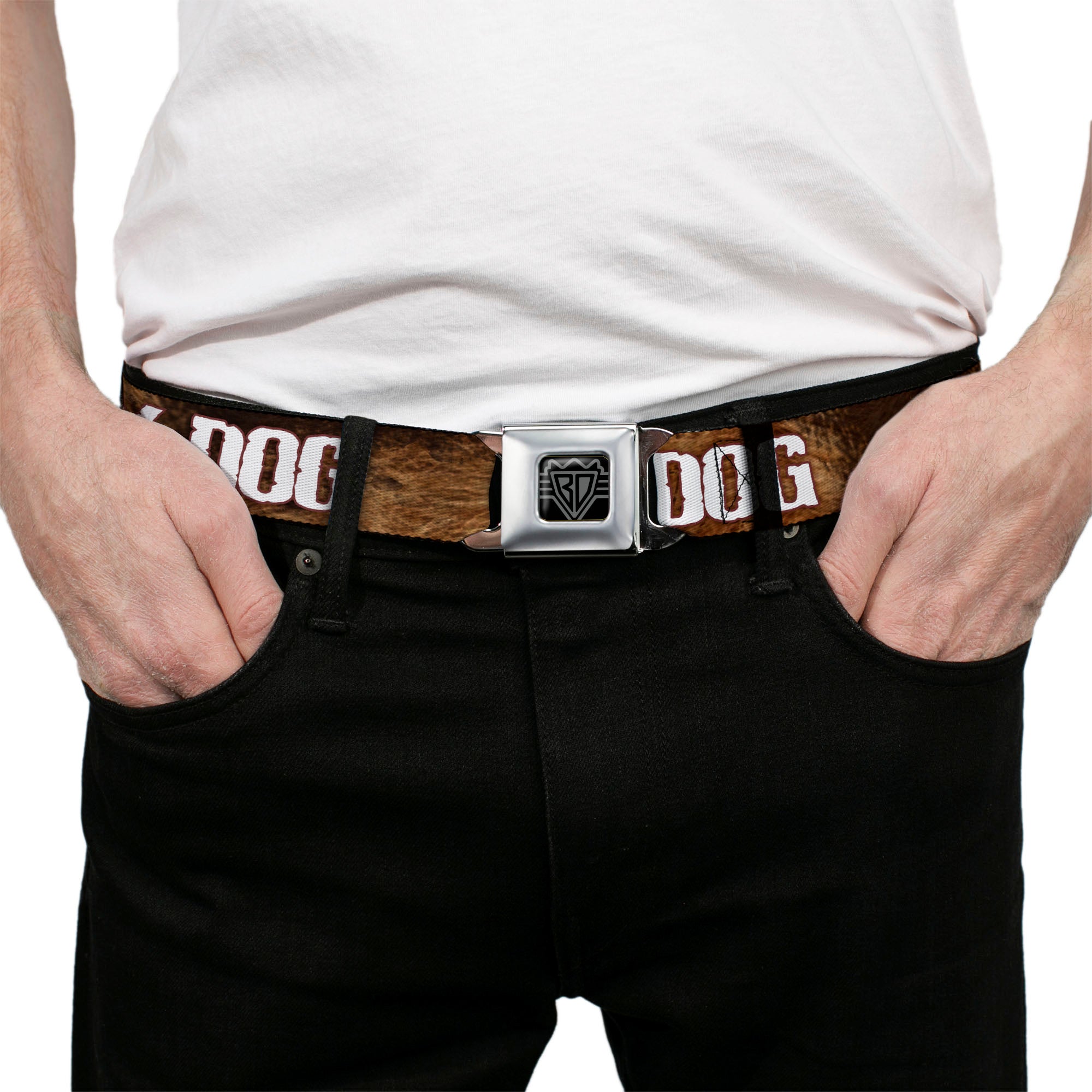 Seatbelt Belt - ONE OF US IS A DIRTY DOG/Fur Brown/White Seatbelt Belts Buckle-Down