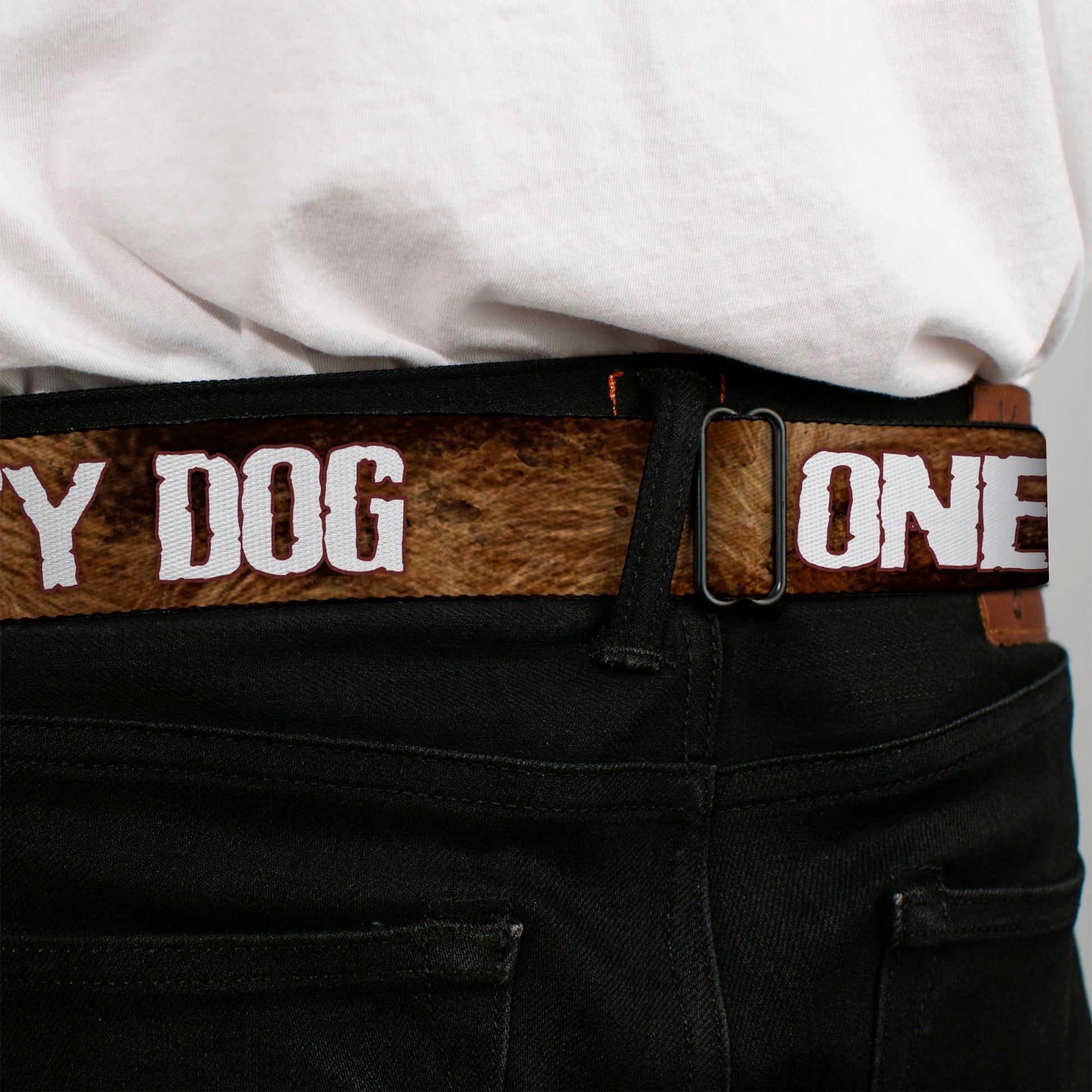 Seatbelt Belt - ONE OF US IS A DIRTY DOG/Fur Brown/White Seatbelt Belts Buckle-Down