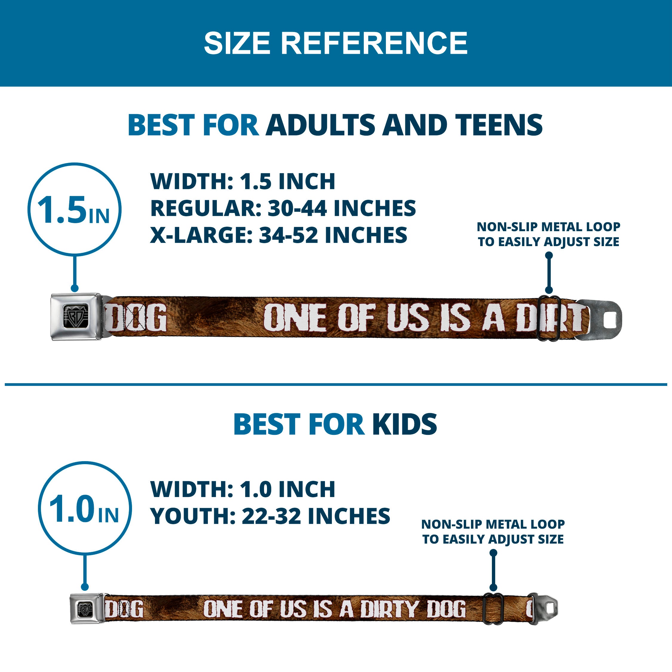 Seatbelt Belt - ONE OF US IS A DIRTY DOG/Fur Brown/White Seatbelt Belts Buckle-Down