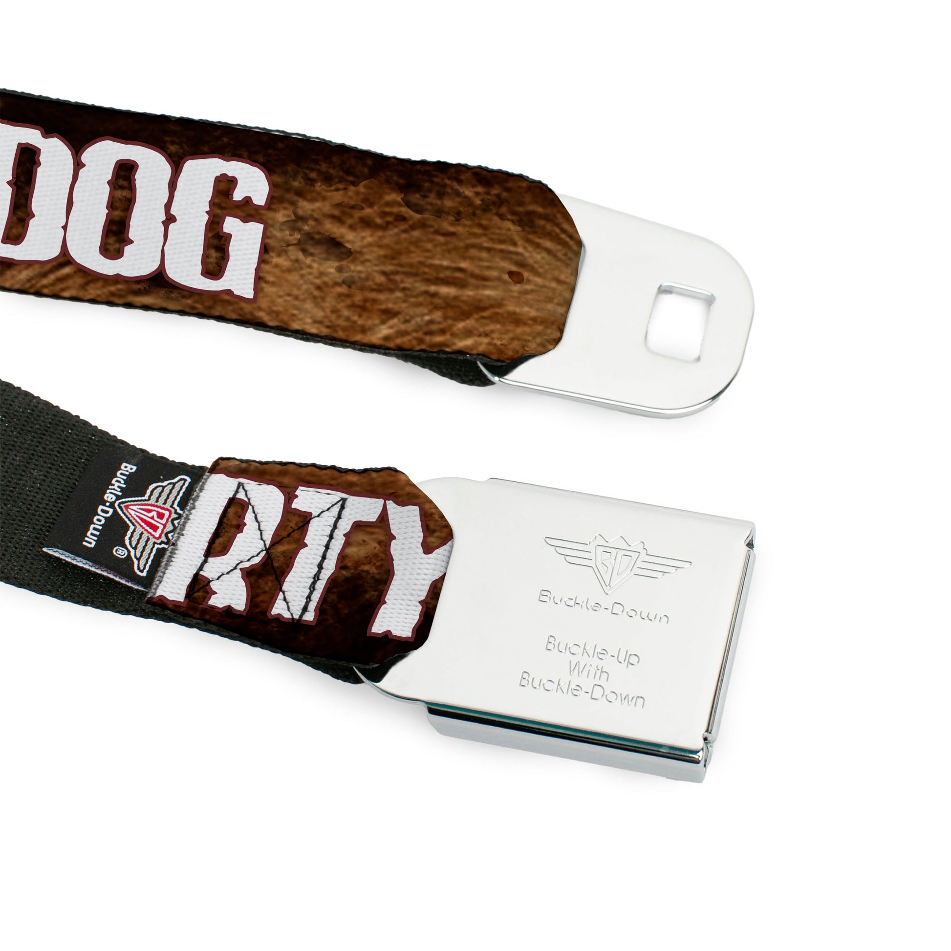 Seatbelt Belt - ONE OF US IS A DIRTY DOG/Fur Brown/White Seatbelt Belts Buckle-Down