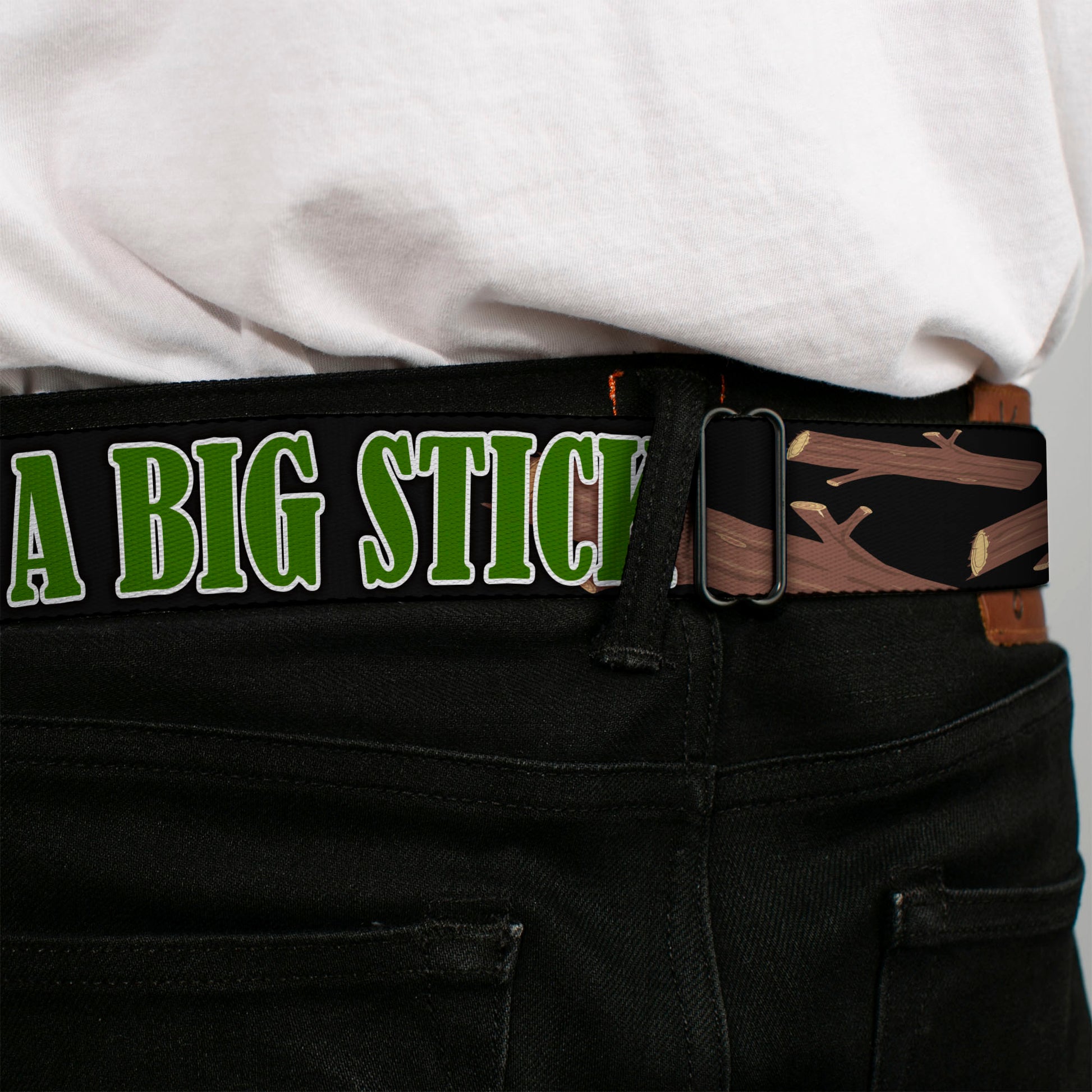 BD Wings Logo CLOSE-UP Full Color Black Silver Seatbelt Belt - ONE OF US LIKES BIG STICKS/Sticks Black/Brown/Green Webbing Seatbelt Belts Buckle-Down